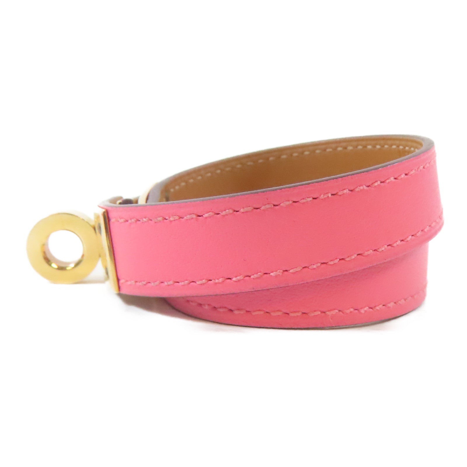 HERMES Swift皮革Kelly Double Tour Bracelet金扣手鐲Rose Azalee/粉紅色#15cm