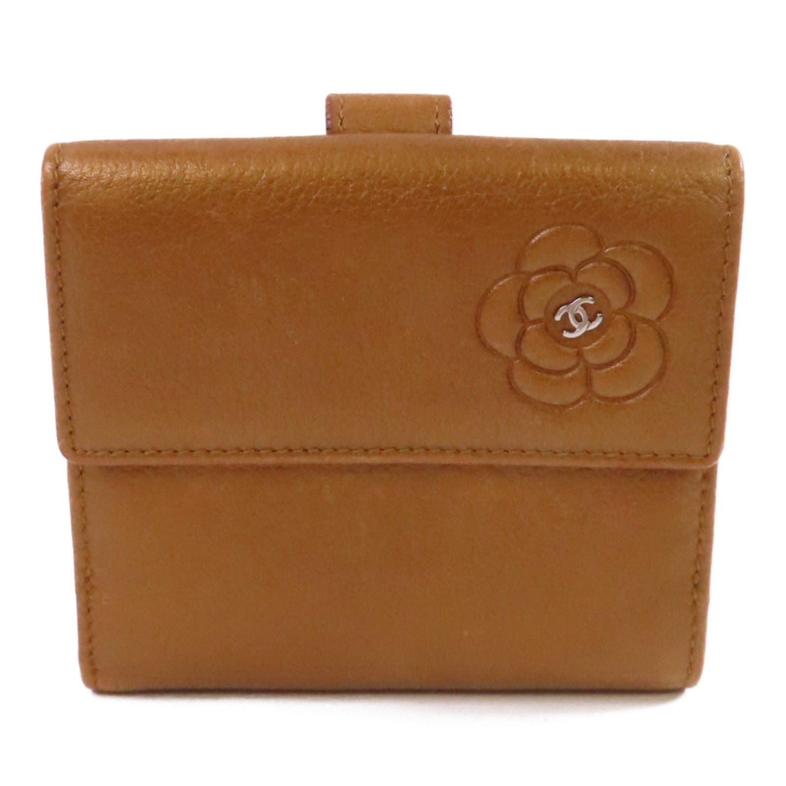 CHANEL 牛皮皮革Short Wallet銀扣短錢包金啡色