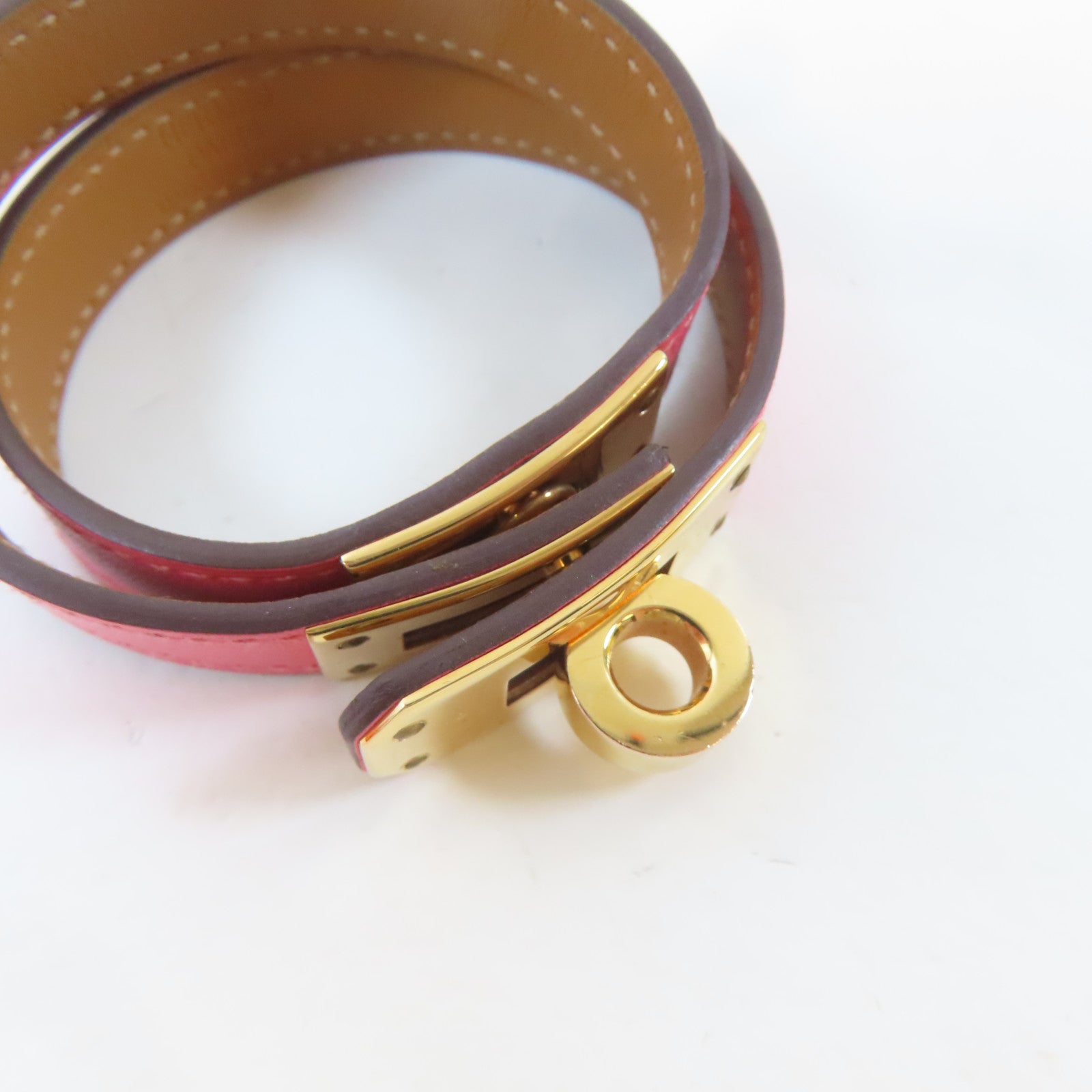 HERMES Swift皮革Kelly Double Tour Bracelet金扣手鐲Rose Azalee/粉紅色#15cm