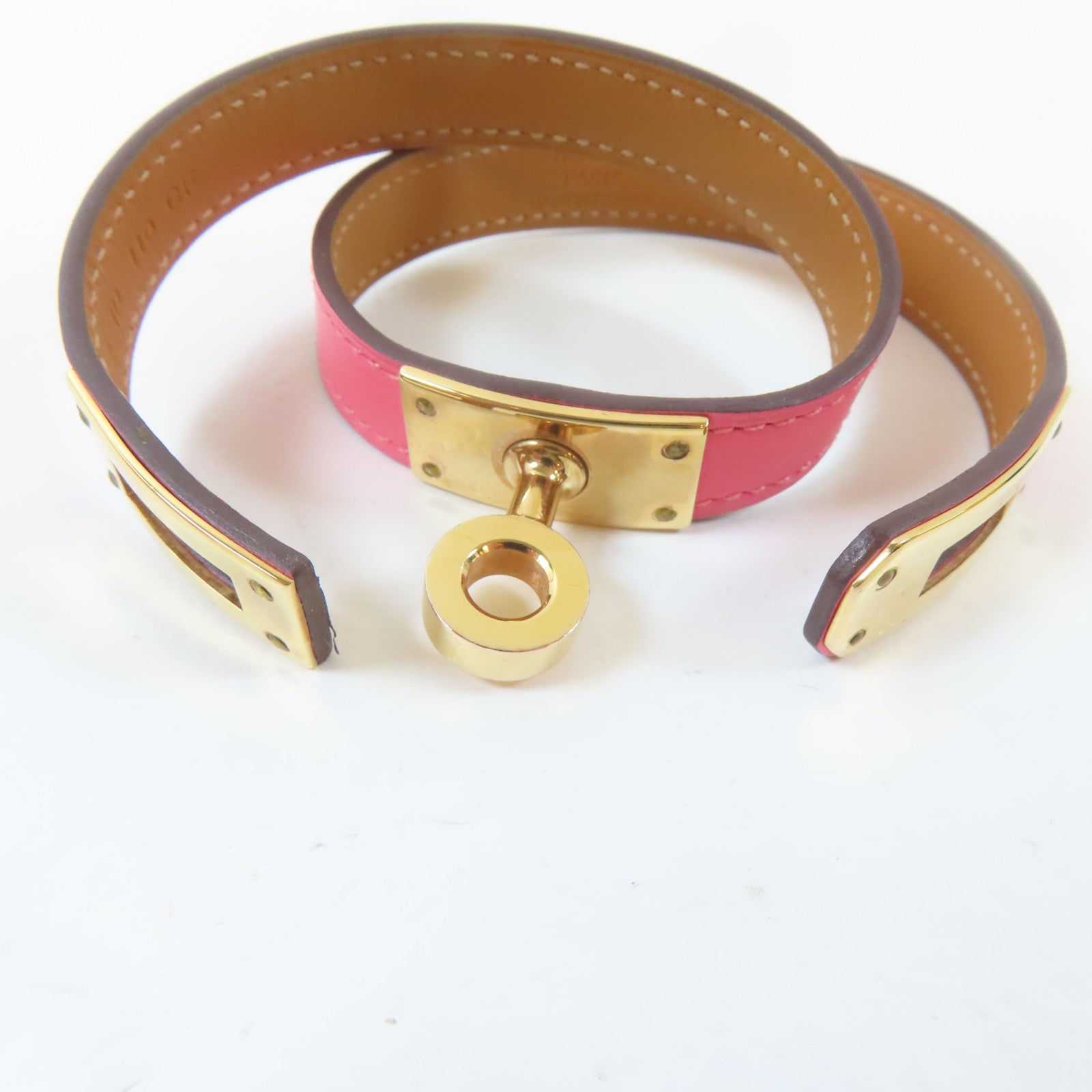 HERMES Swift皮革Kelly Double Tour Bracelet金扣手鐲Rose Azalee/粉紅色#15cm