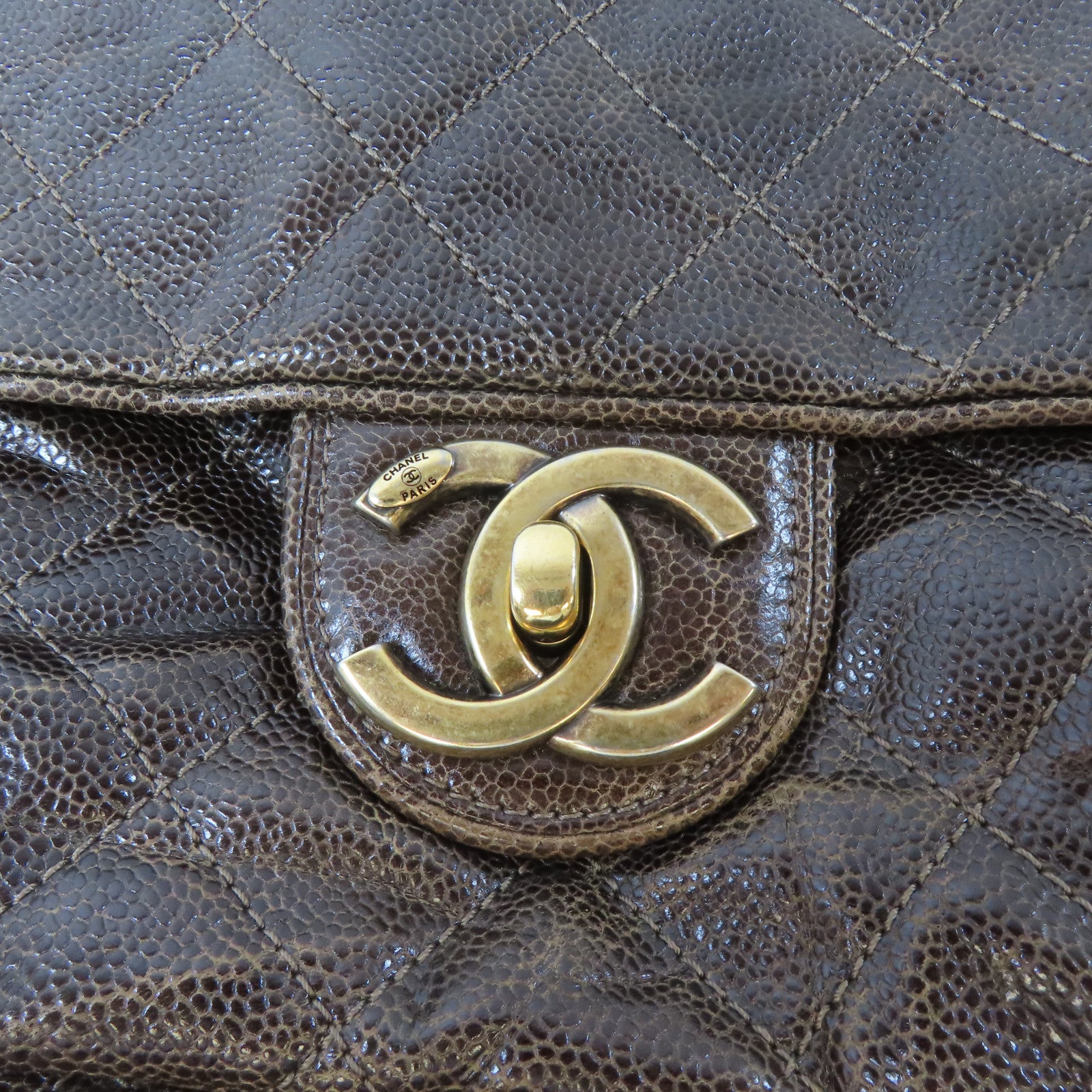 CHANEL 菱格Caviar皮革Chain Shoulder Bag金扣鏈帶肩背袋啡色