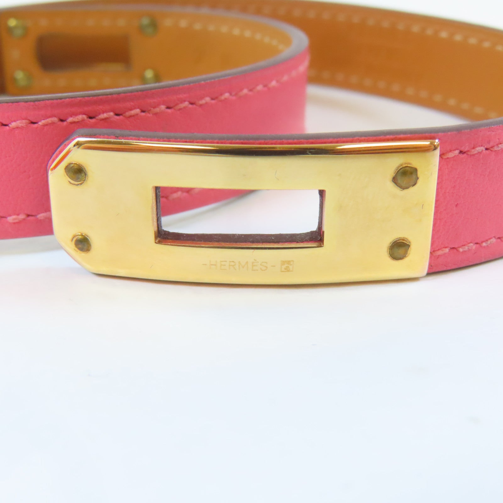 HERMES Swift皮革Kelly Double Tour Bracelet金扣手鐲Rose Azalee/粉紅色#15cm