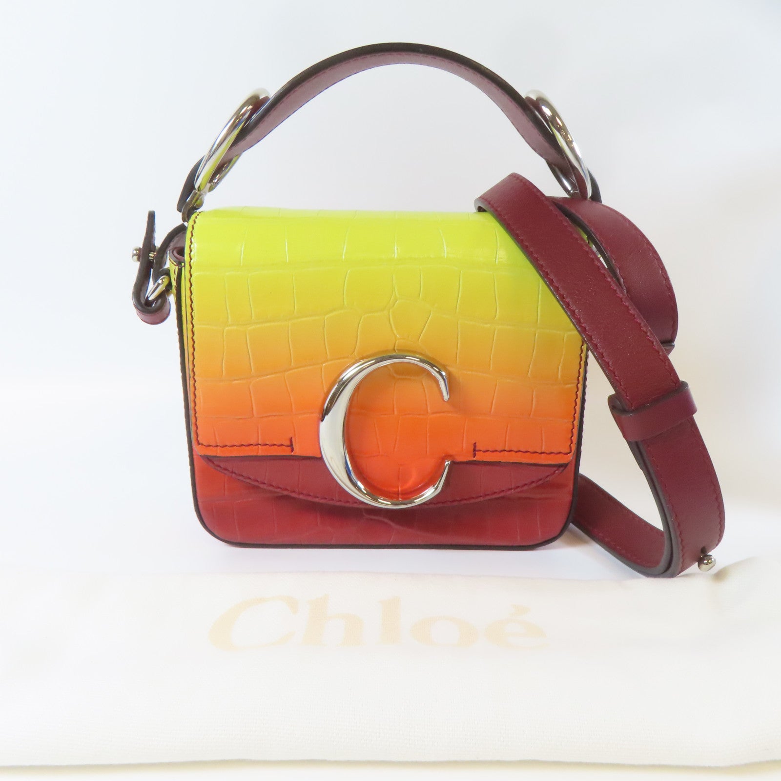 Chloe 【激減優惠】牛皮皮革Chloe C銀扣手挽肩背兩用袋紅色/橙色