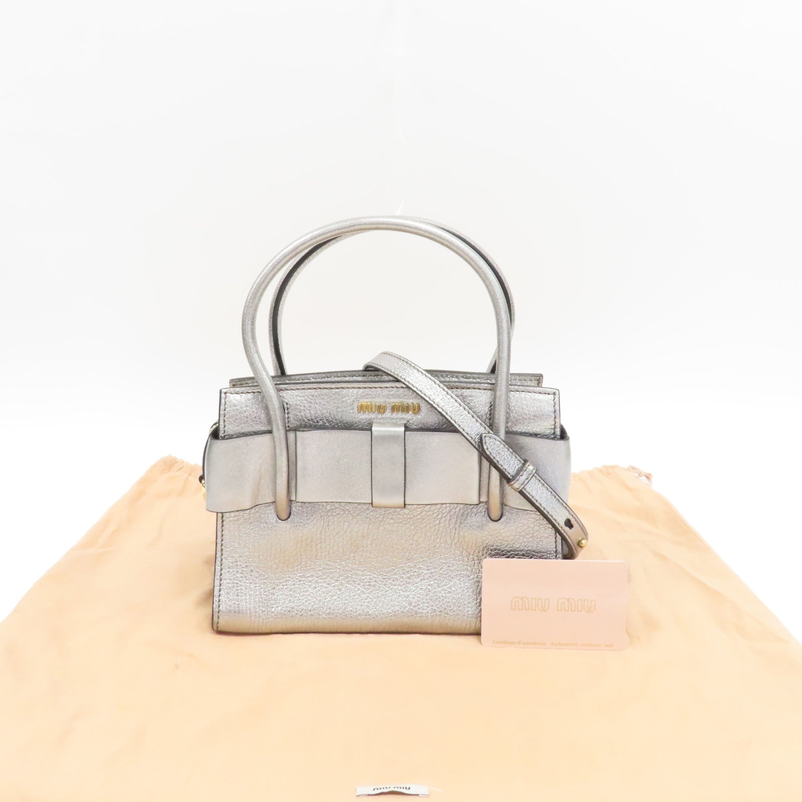 Miu Miu 【清倉大減價】牛皮皮革2 Way Shoulder金扣手挽肩背兩用袋銀色
