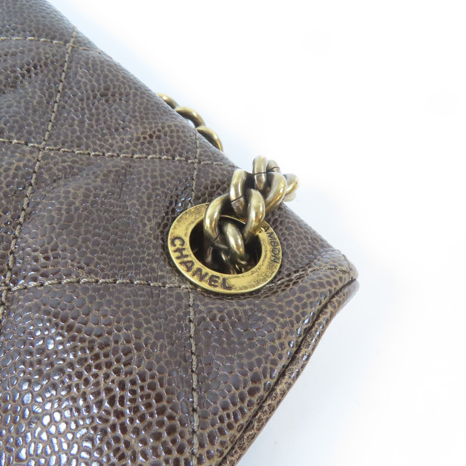 CHANEL 菱格Caviar皮革Chain Shoulder Bag金扣鏈帶肩背袋啡色