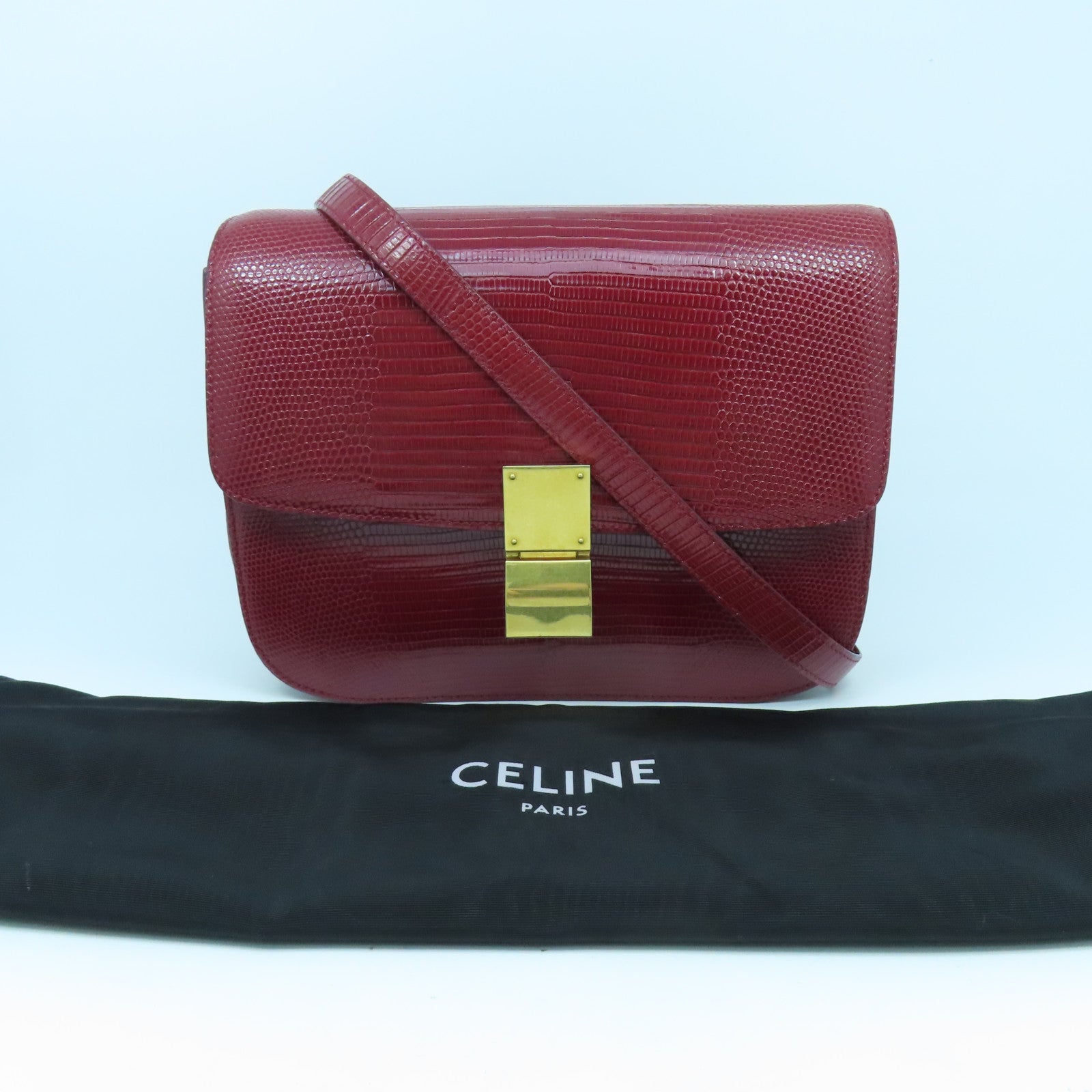 CELINE 【激減優惠】蜥蝪皮革Box Shoulder Bag金扣肩背袋紅色