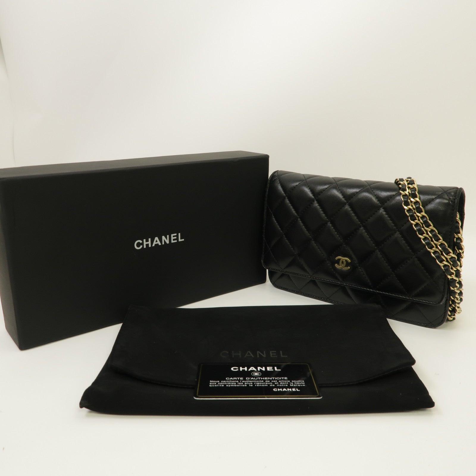 CHANEL 菱格羊皮皮革Wallet On Chain金扣鏈帶肩背袋黑色