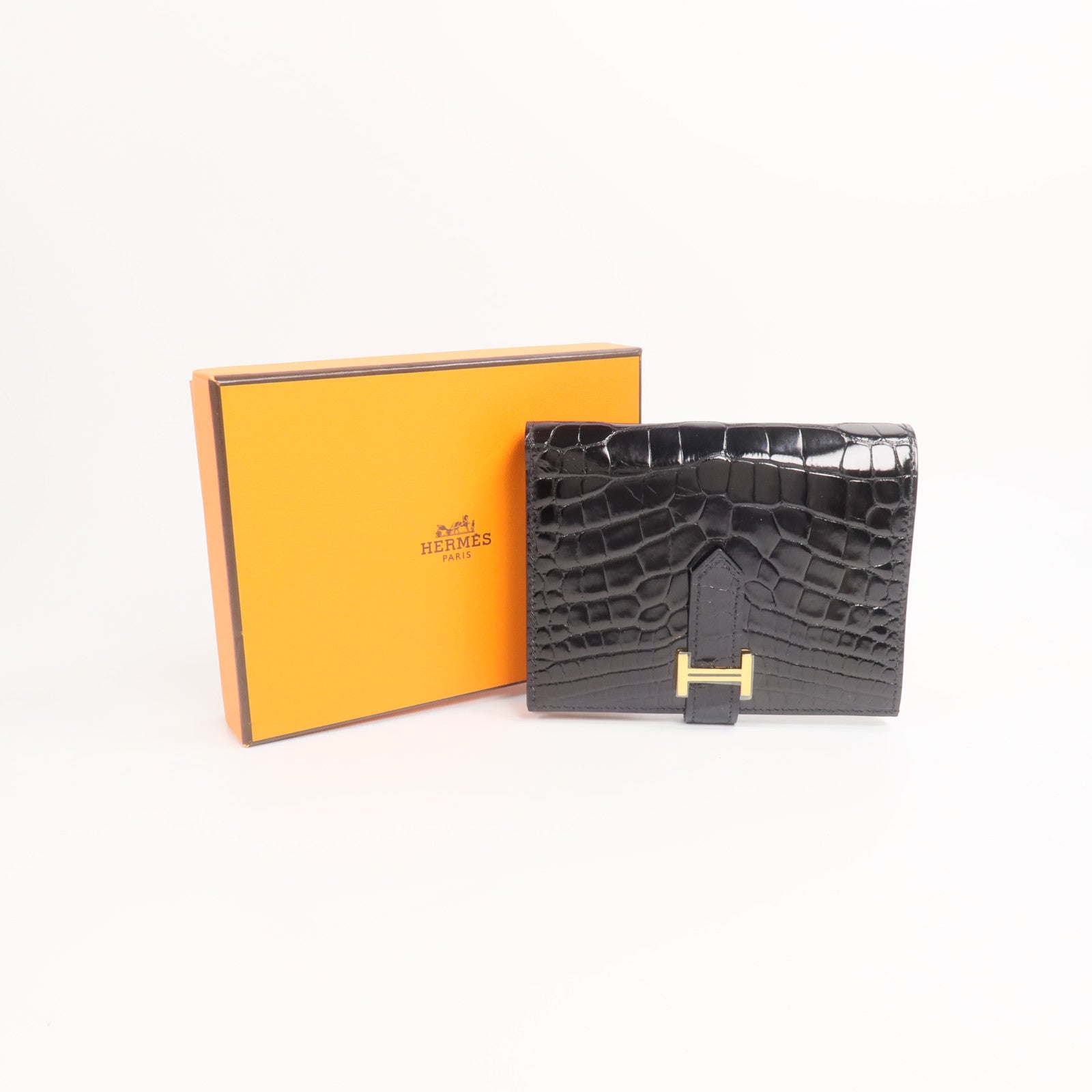 HERMES Alligator皮革/Chevre皮革Bearn Compact Wallet錢包Noir