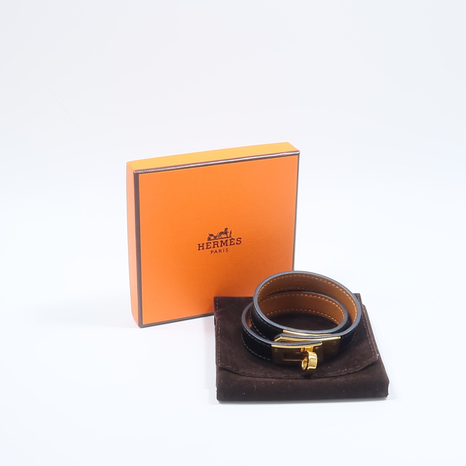 HERMES Box Calf皮革/金屬Kelly Double Tour手鏈Noir