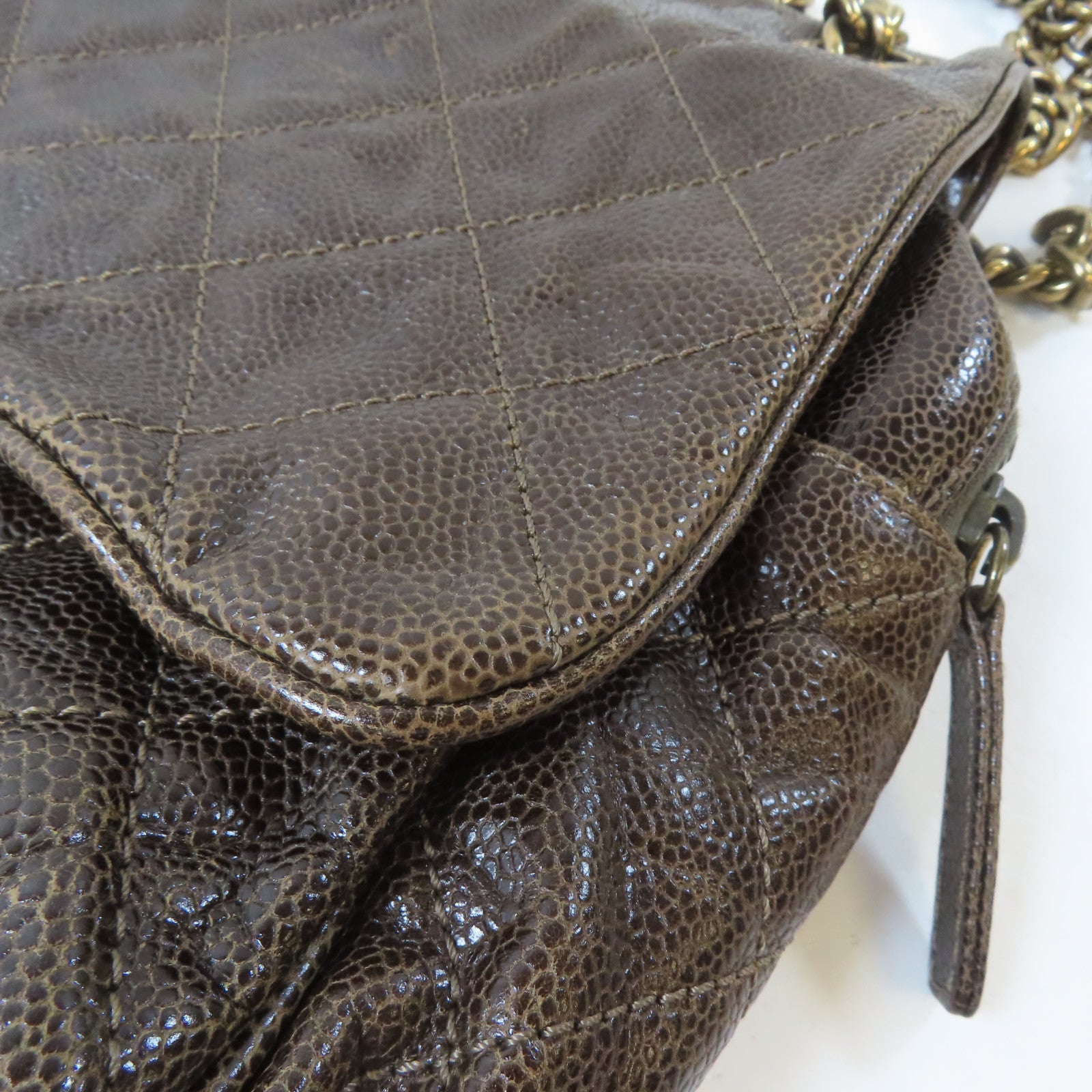 CHANEL 菱格Caviar皮革Chain Shoulder Bag金扣鏈帶肩背袋啡色
