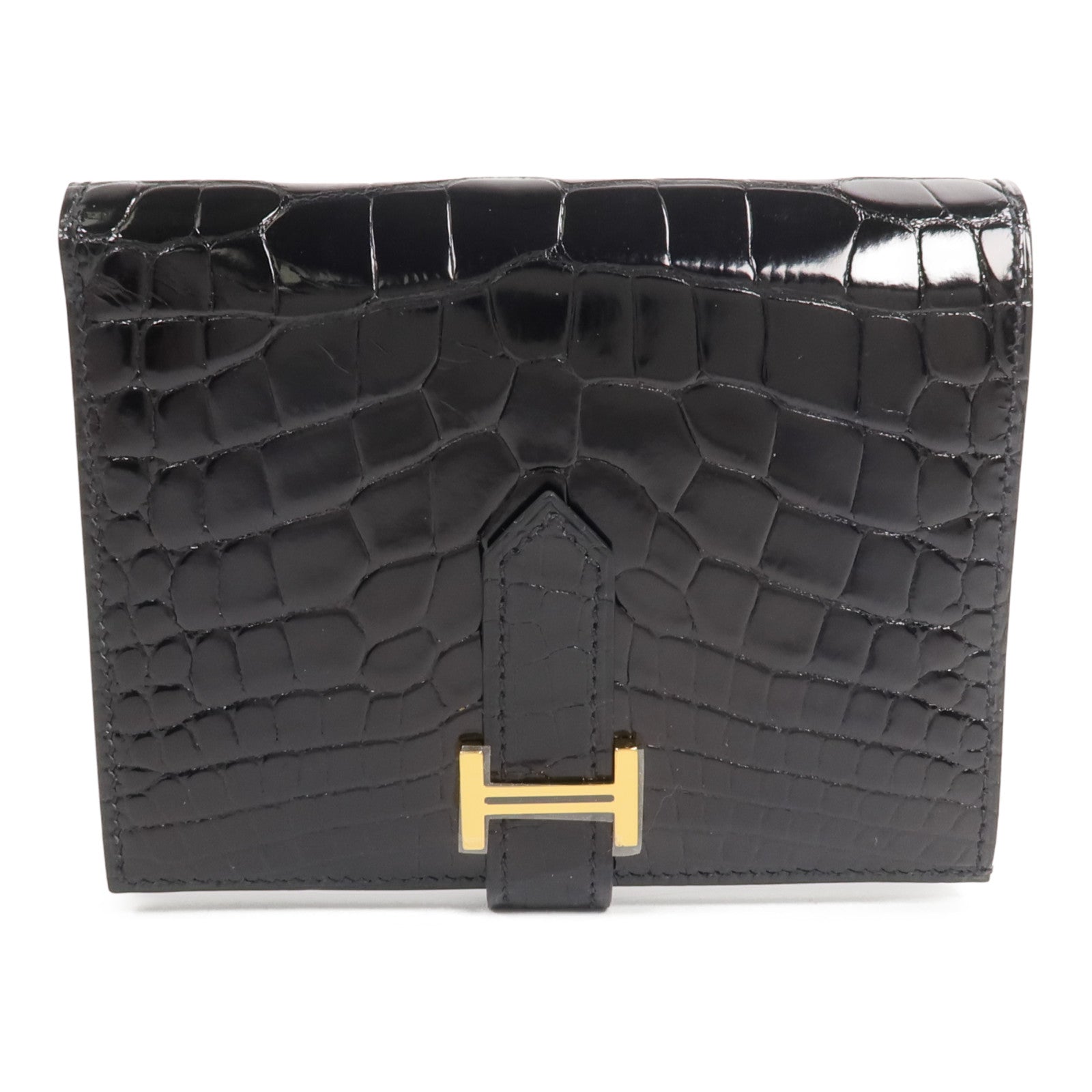HERMES Alligator皮革/Chevre皮革Bearn Compact Wallet錢包Noir