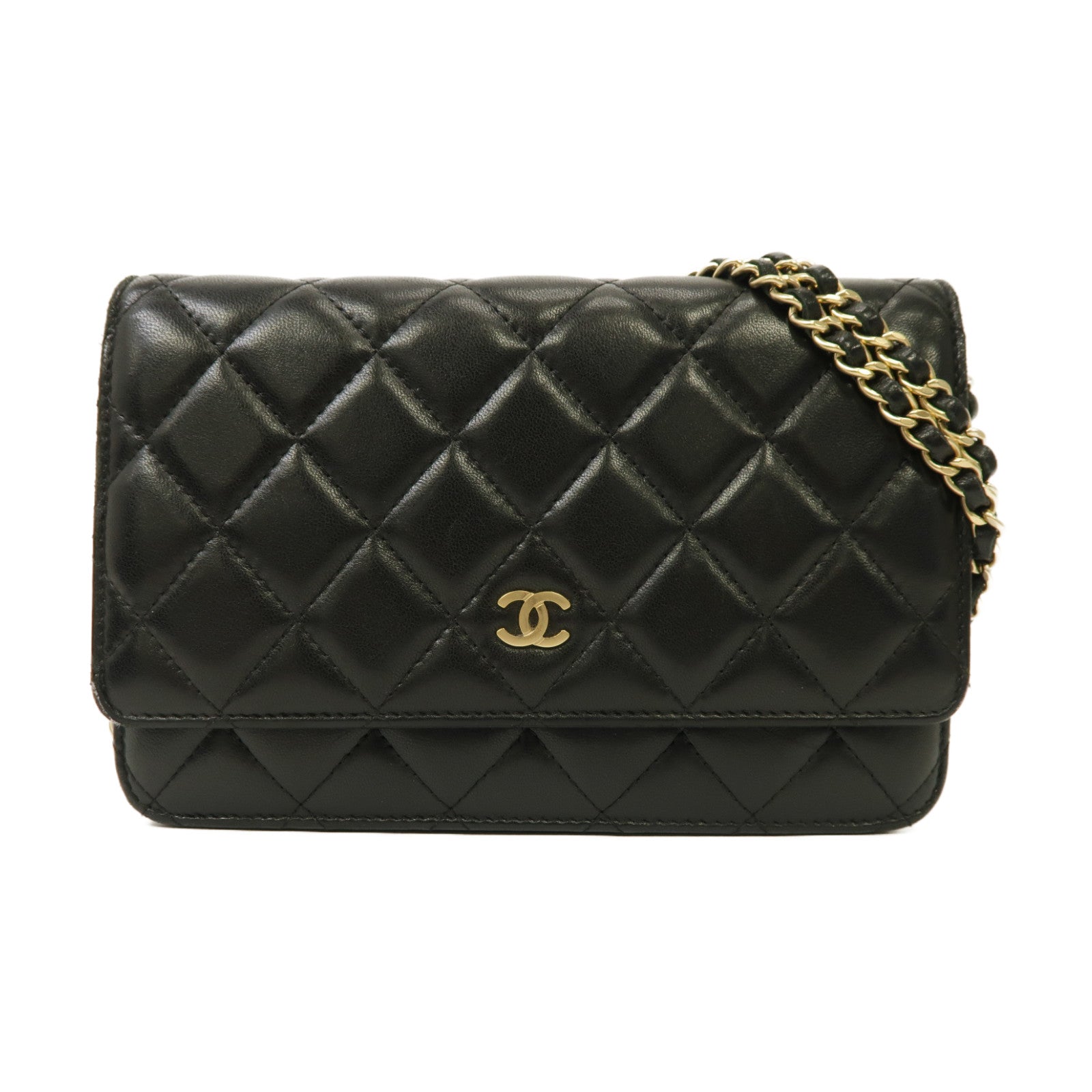 CHANEL 菱格羊皮皮革Wallet On Chain金扣鏈帶肩背袋黑色