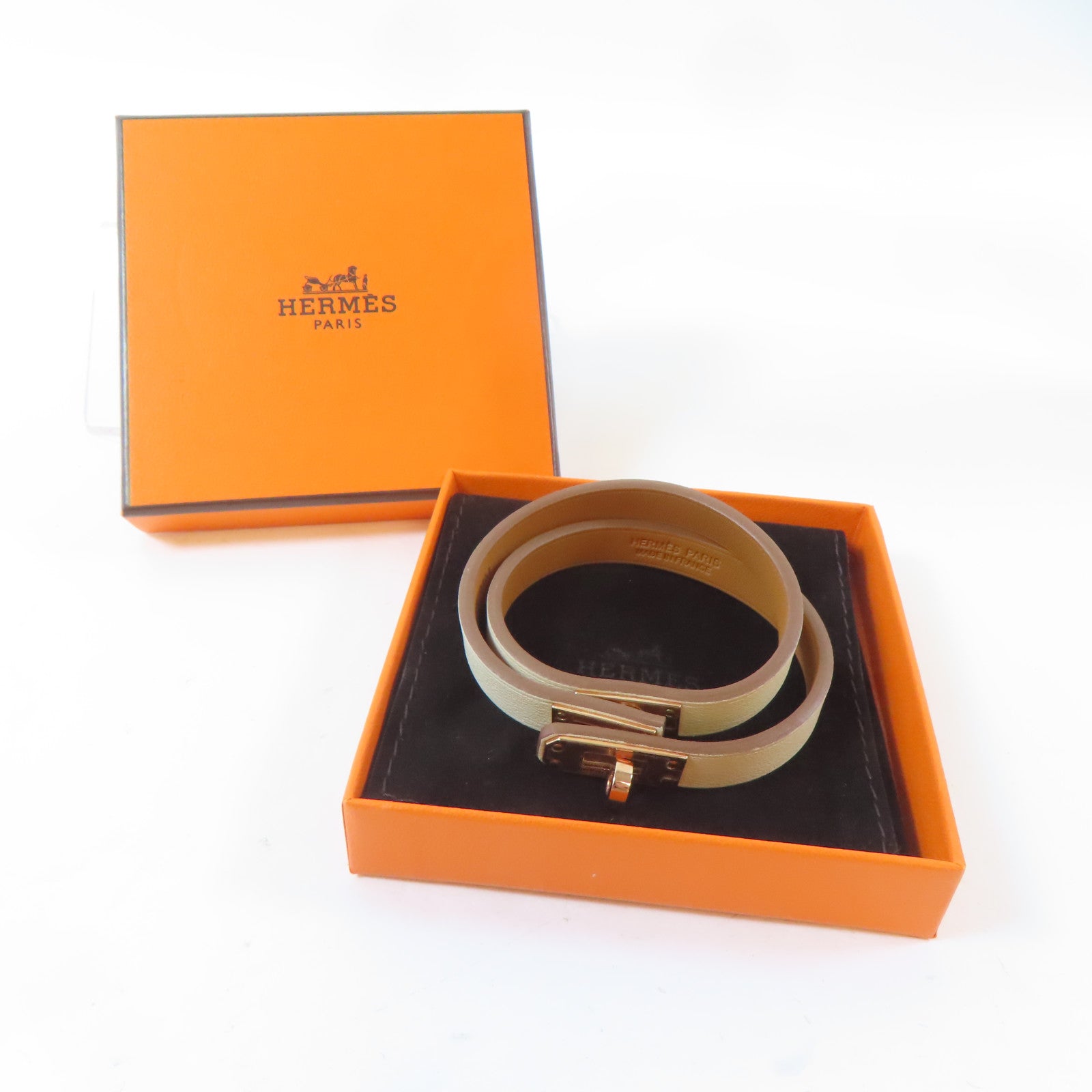 HERMES Swift皮革Kelly Double Tour Bracelet金扣手鐲Nata/米白色#15cm