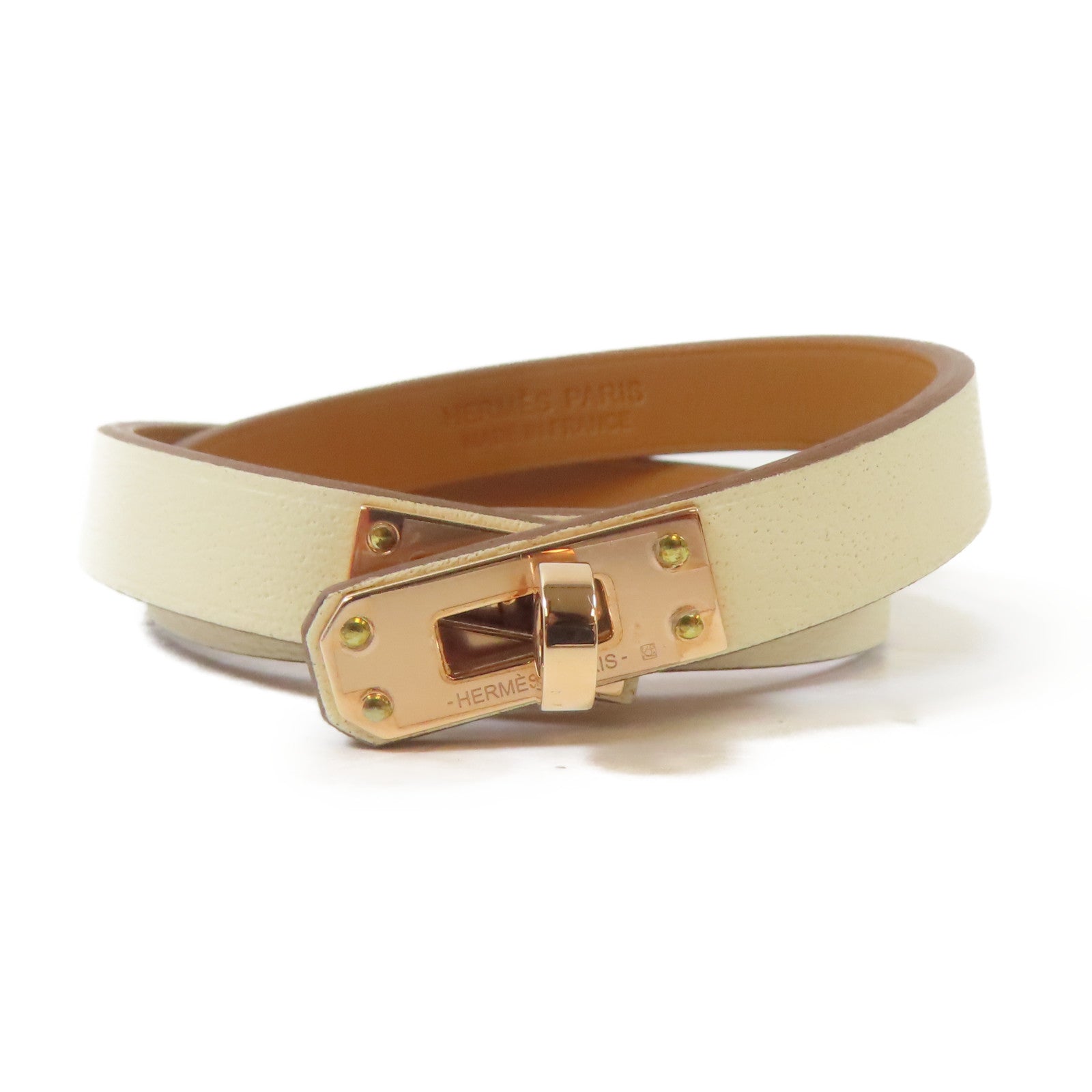 HERMES Swift皮革Kelly Double Tour Bracelet金扣手鐲Nata/米白色#15cm