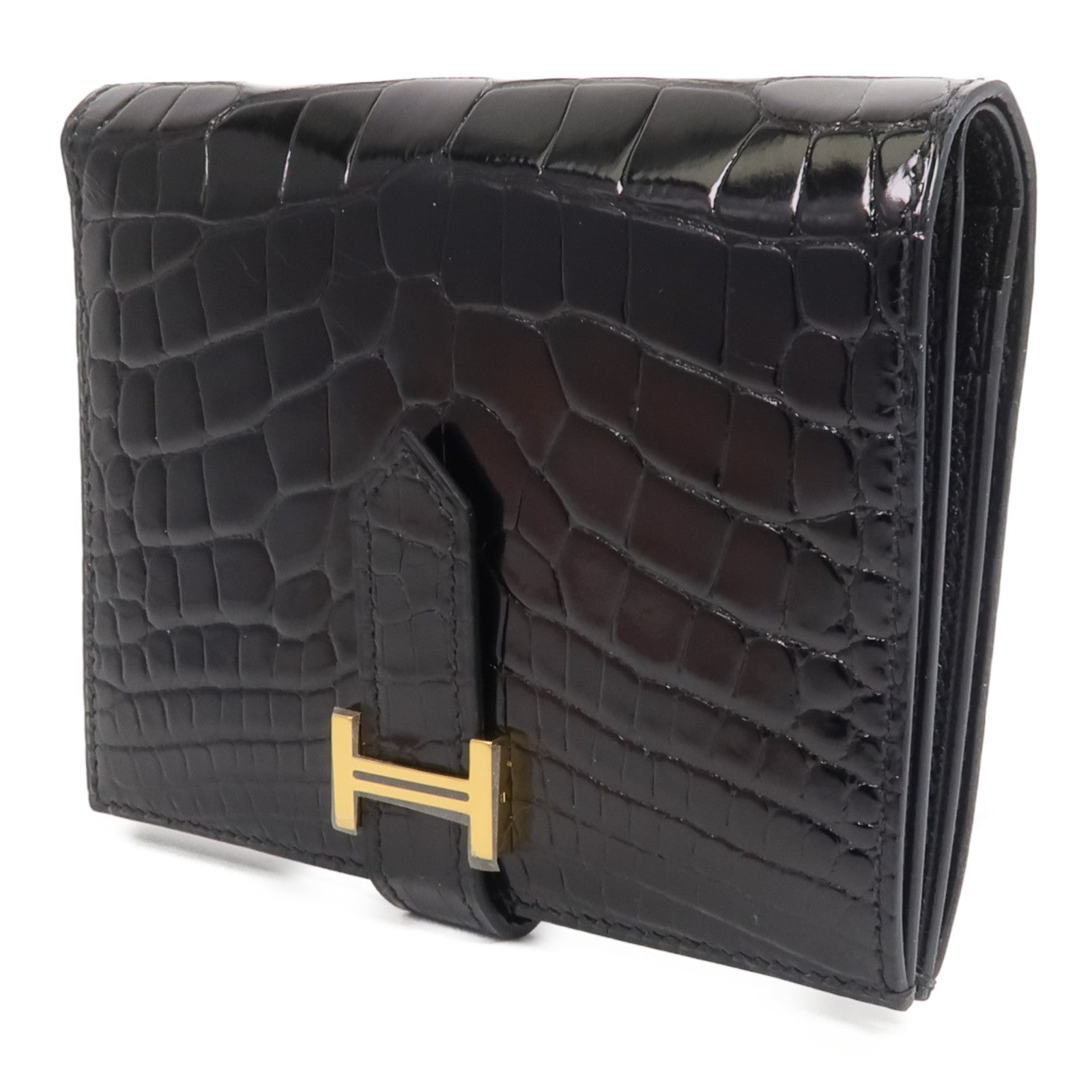 HERMES Alligator皮革/Chevre皮革Bearn Compact Wallet錢包Noir