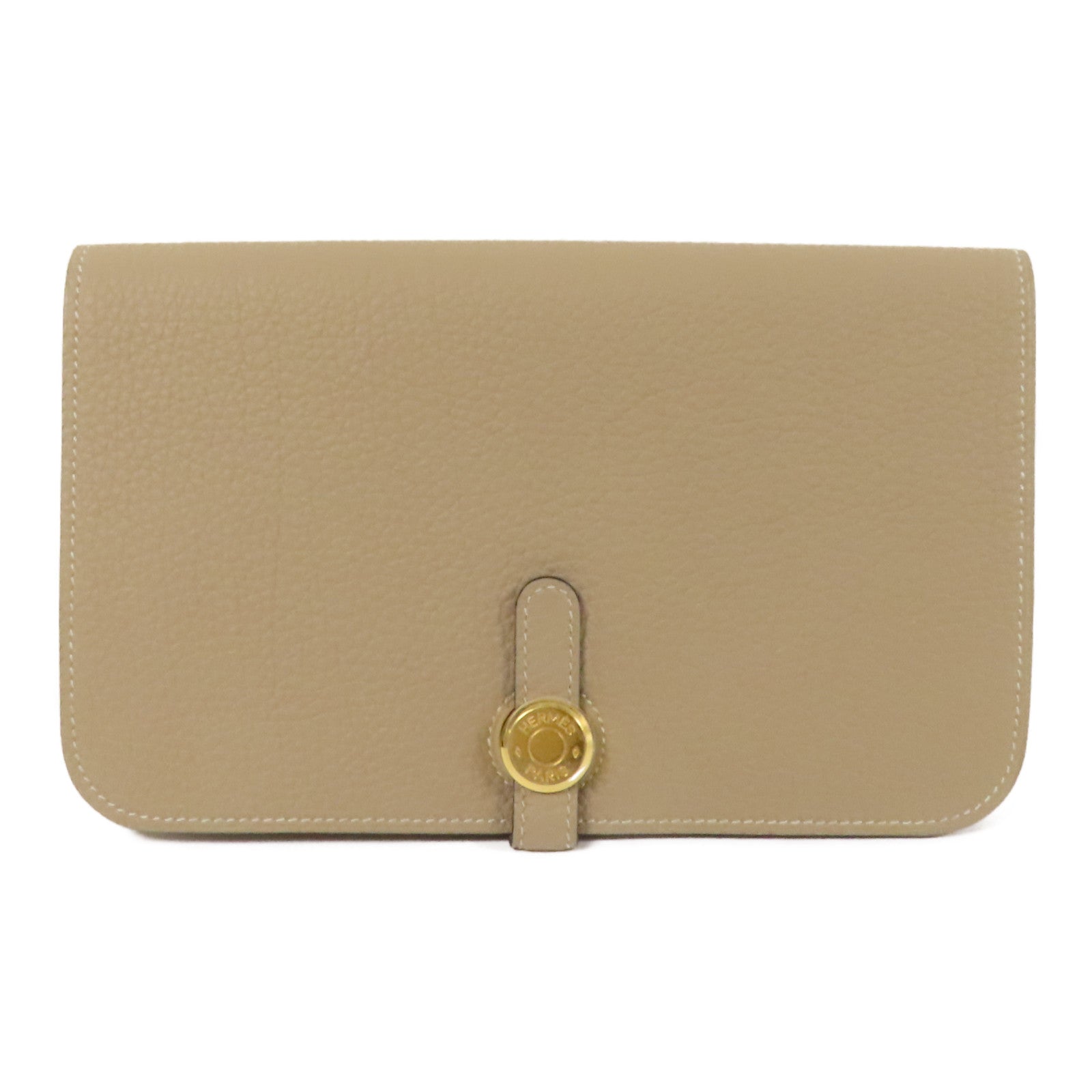 HERMES Clemence皮革Dogon GM金扣長錢包Gris Tourterelle