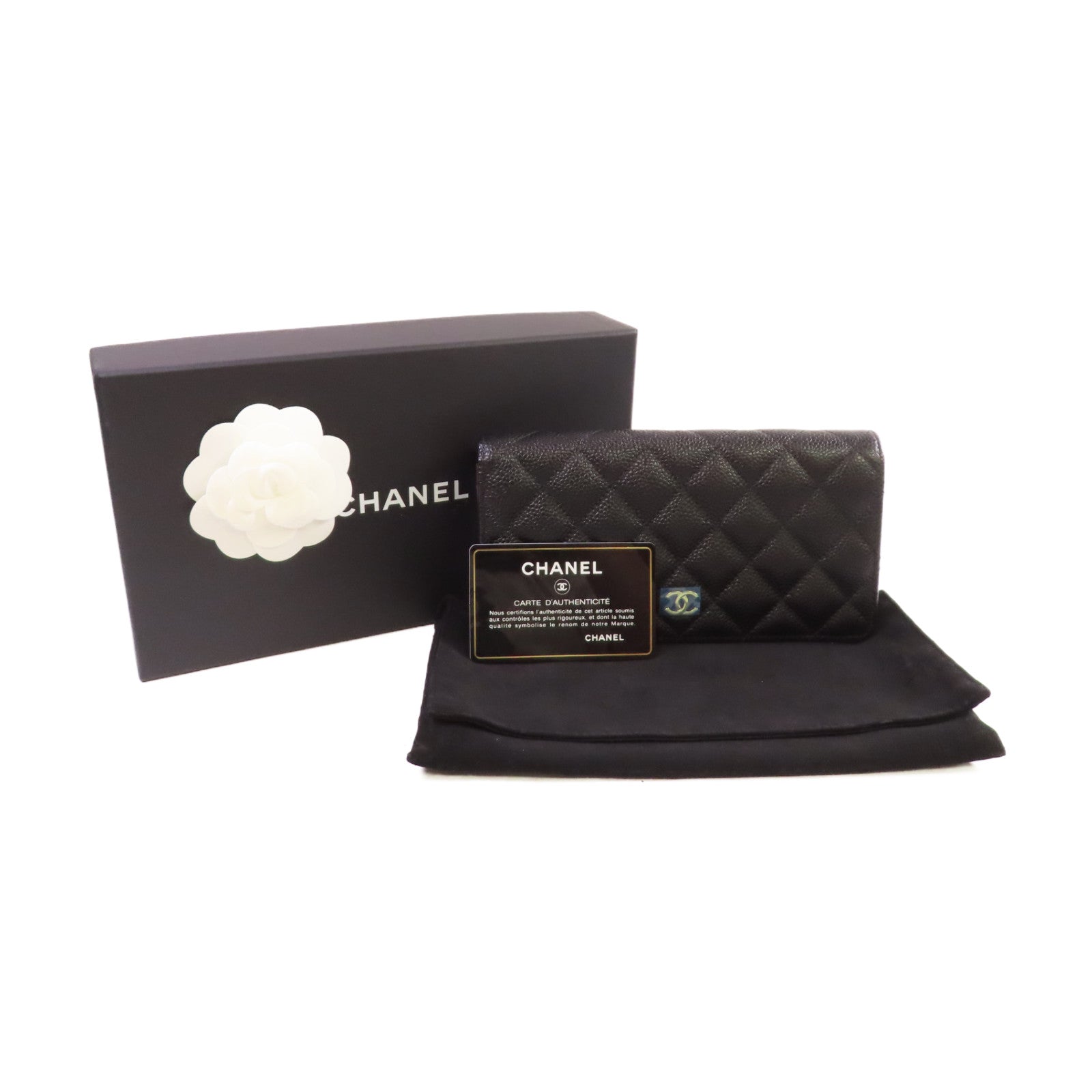 CHANEL 菱格Caviar皮革Long Wallet金扣長錢包黑色