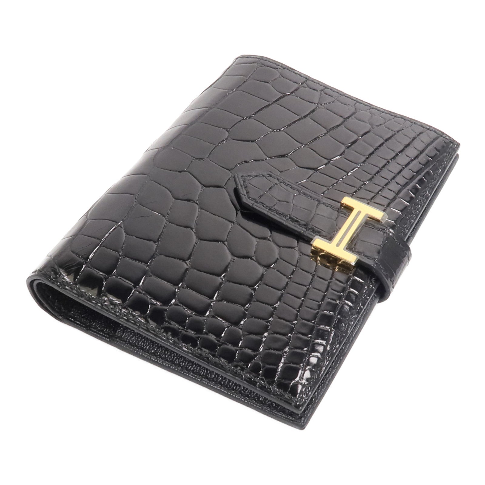 HERMES Alligator皮革/Chevre皮革Bearn Compact Wallet錢包Noir
