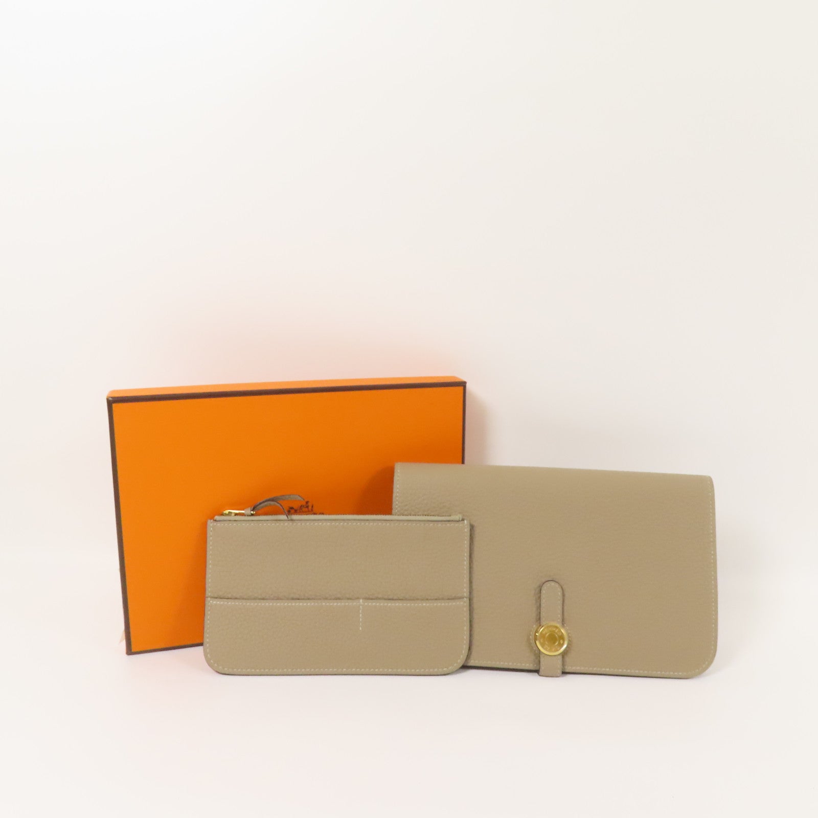 HERMES Clemence皮革Dogon GM金扣長錢包Gris Tourterelle