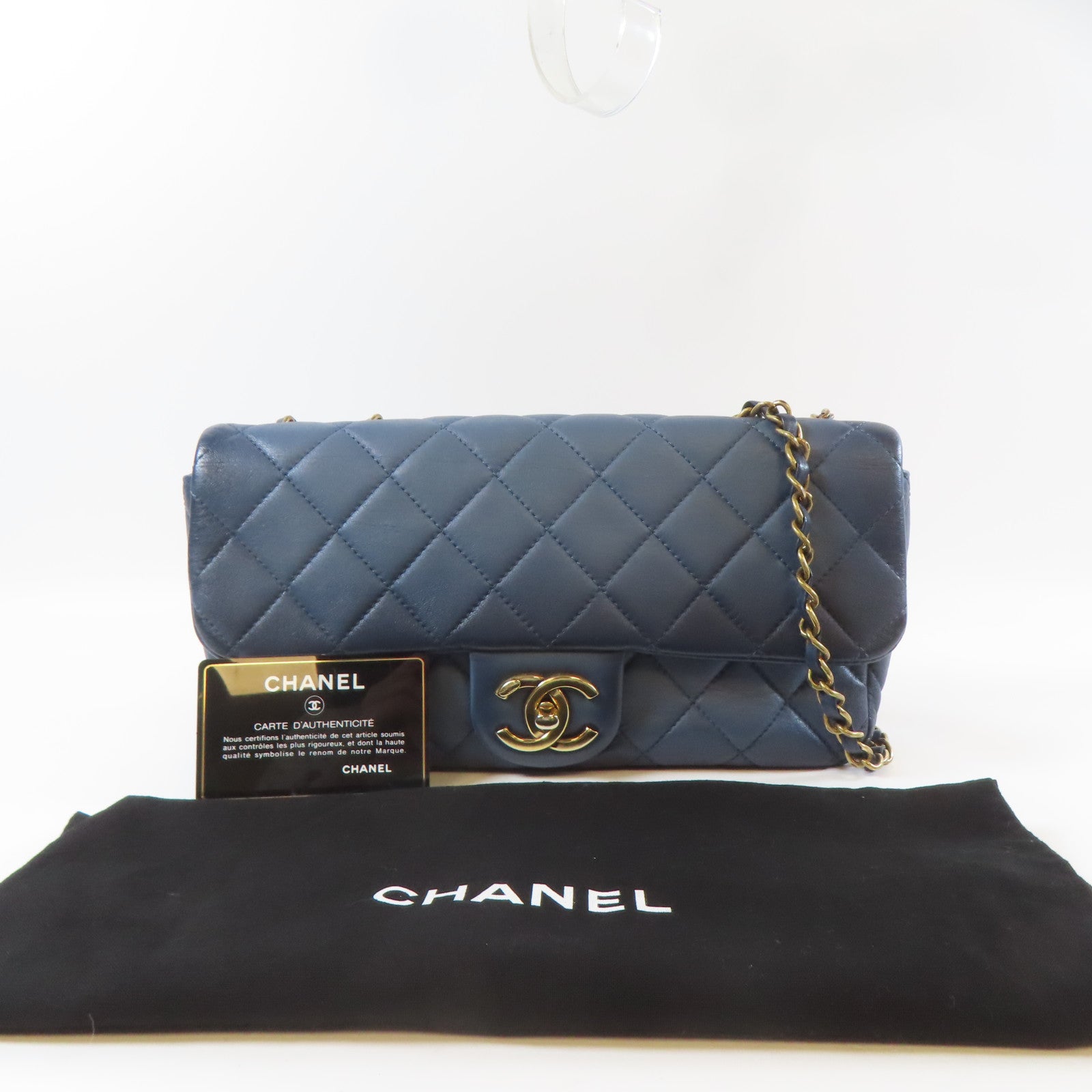 CHANEL 菱格牛皮皮革Shoulder Bag金扣鏈帶肩背袋藍色