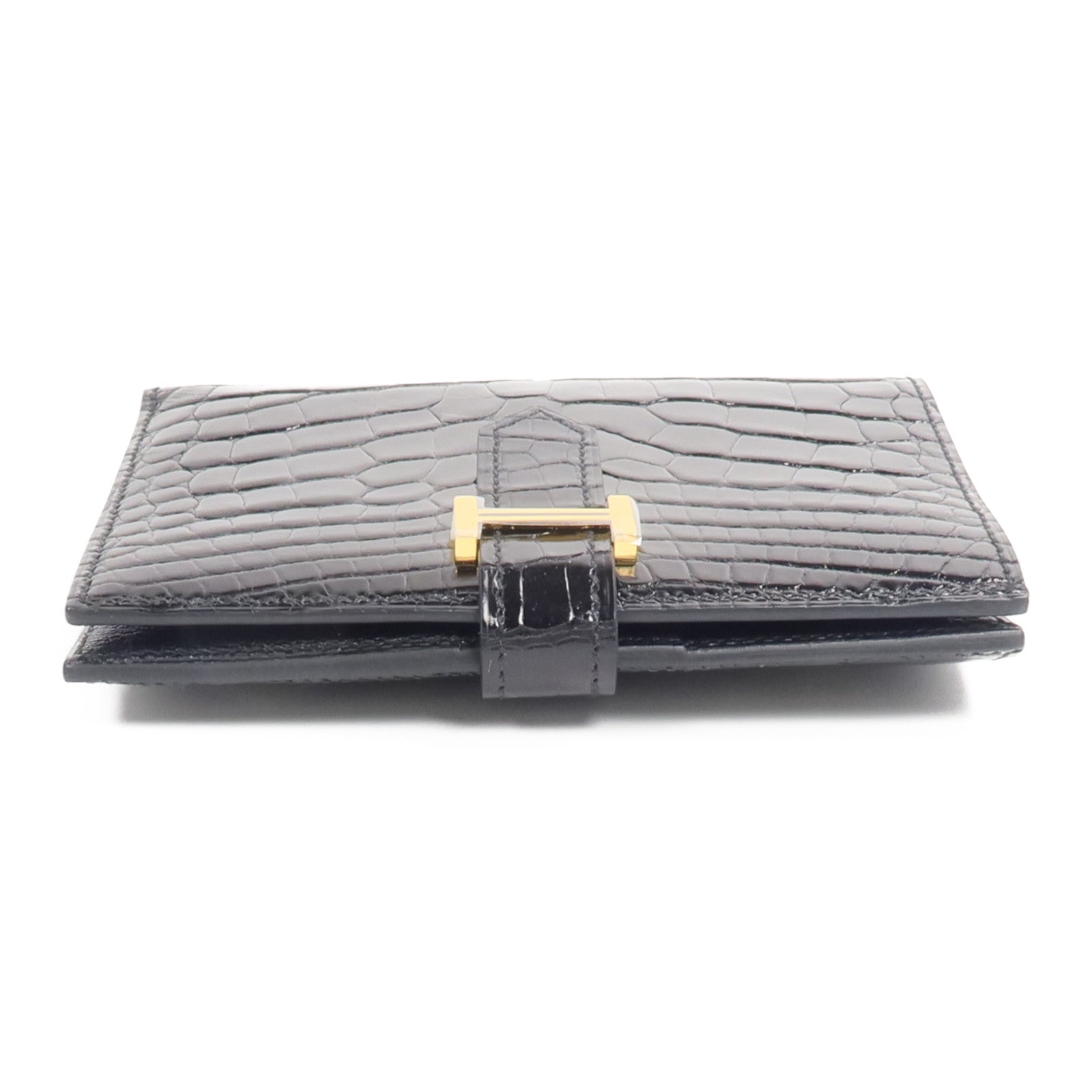 HERMES Alligator皮革/Chevre皮革Bearn Compact Wallet錢包Noir