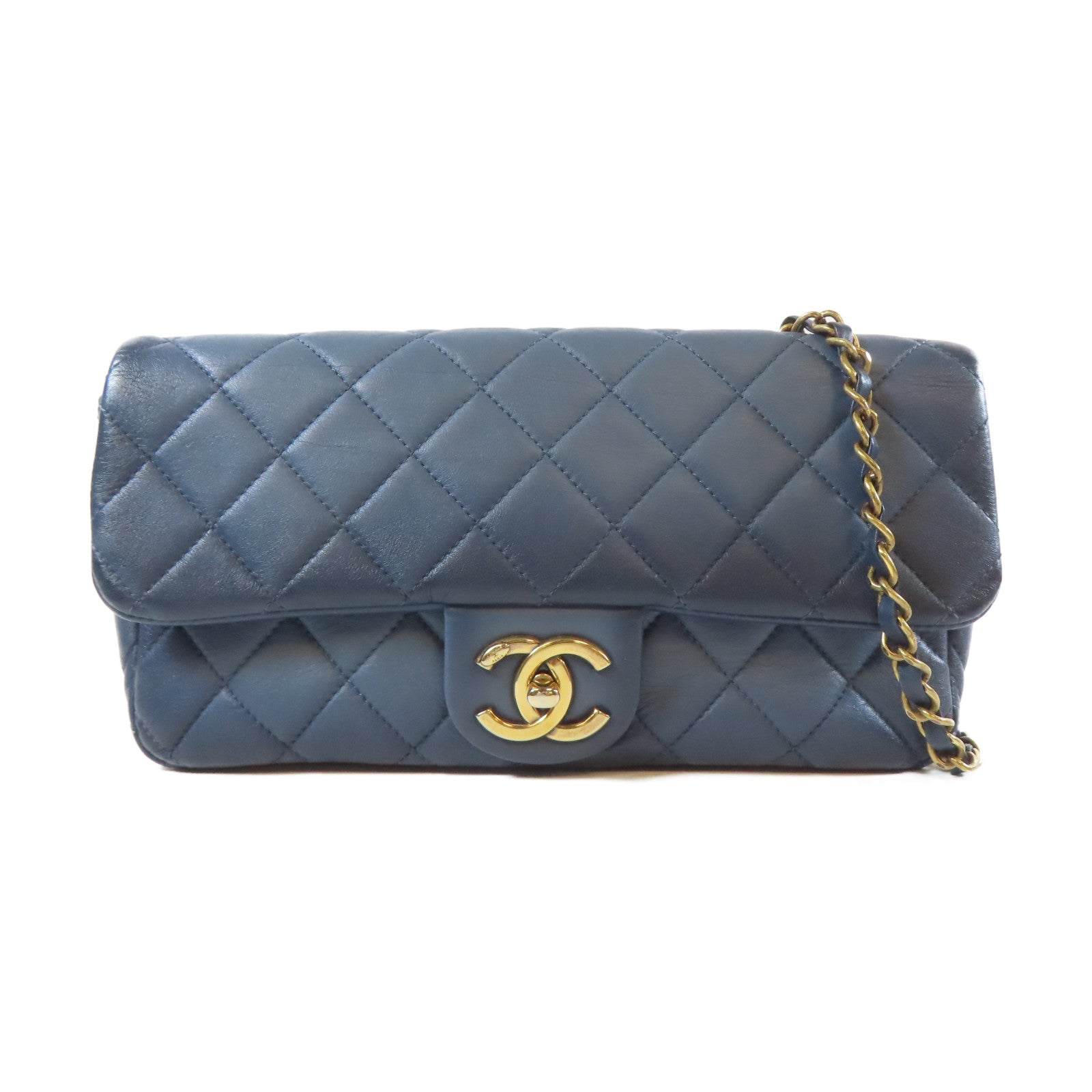 CHANEL 菱格牛皮皮革Shoulder Bag金扣鏈帶肩背袋藍色