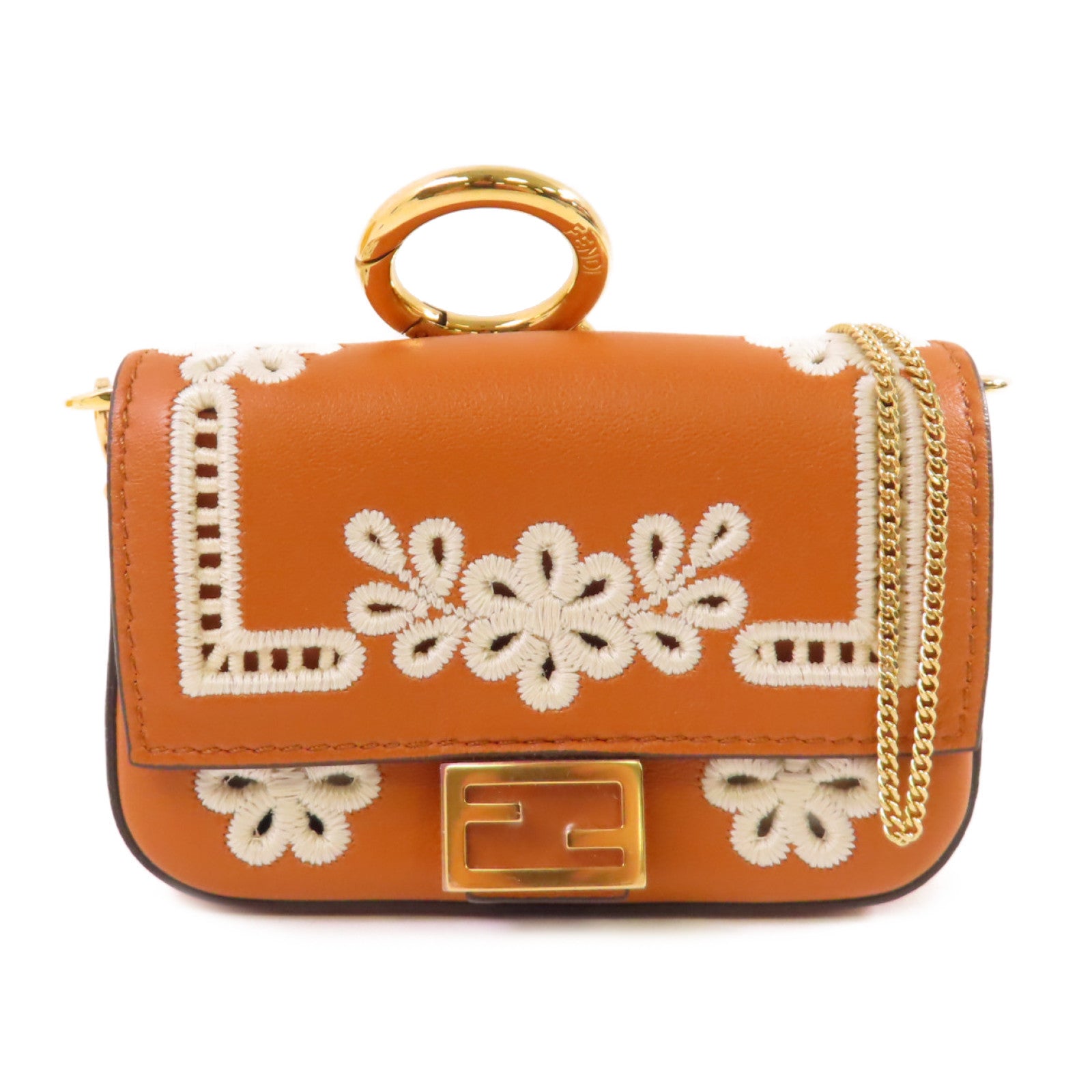 FENDI 牛皮皮革Nano Baguette Bag金扣迷你肩背袋啡色