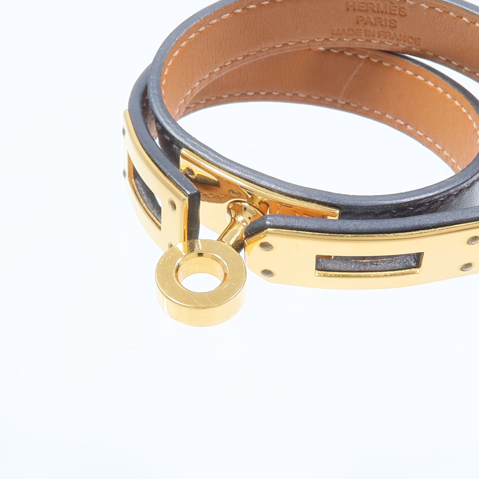 HERMES Box Calf皮革/金屬Kelly Double Tour手鏈Noir