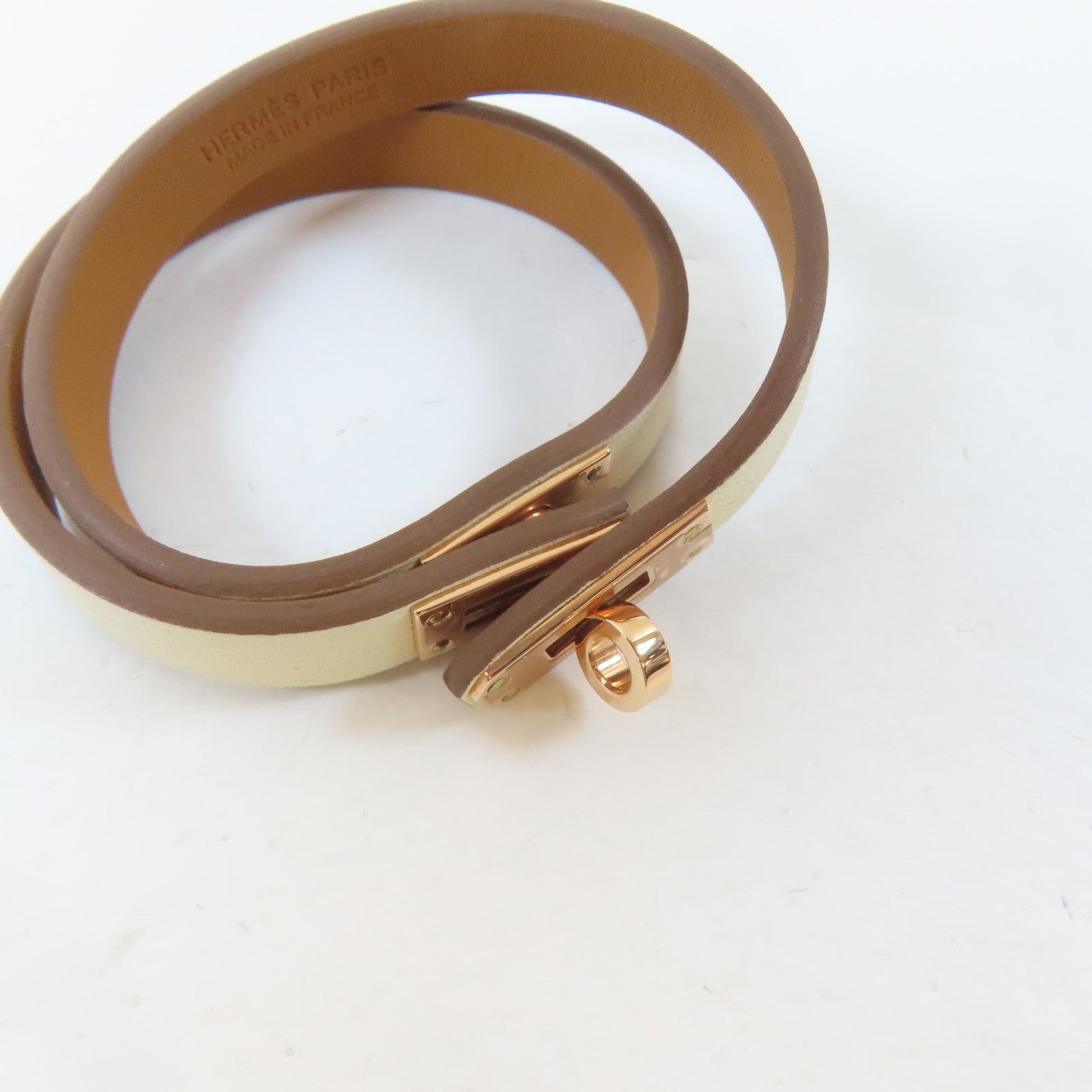 HERMES Swift皮革Kelly Double Tour Bracelet金扣手鐲Nata/米白色#15cm