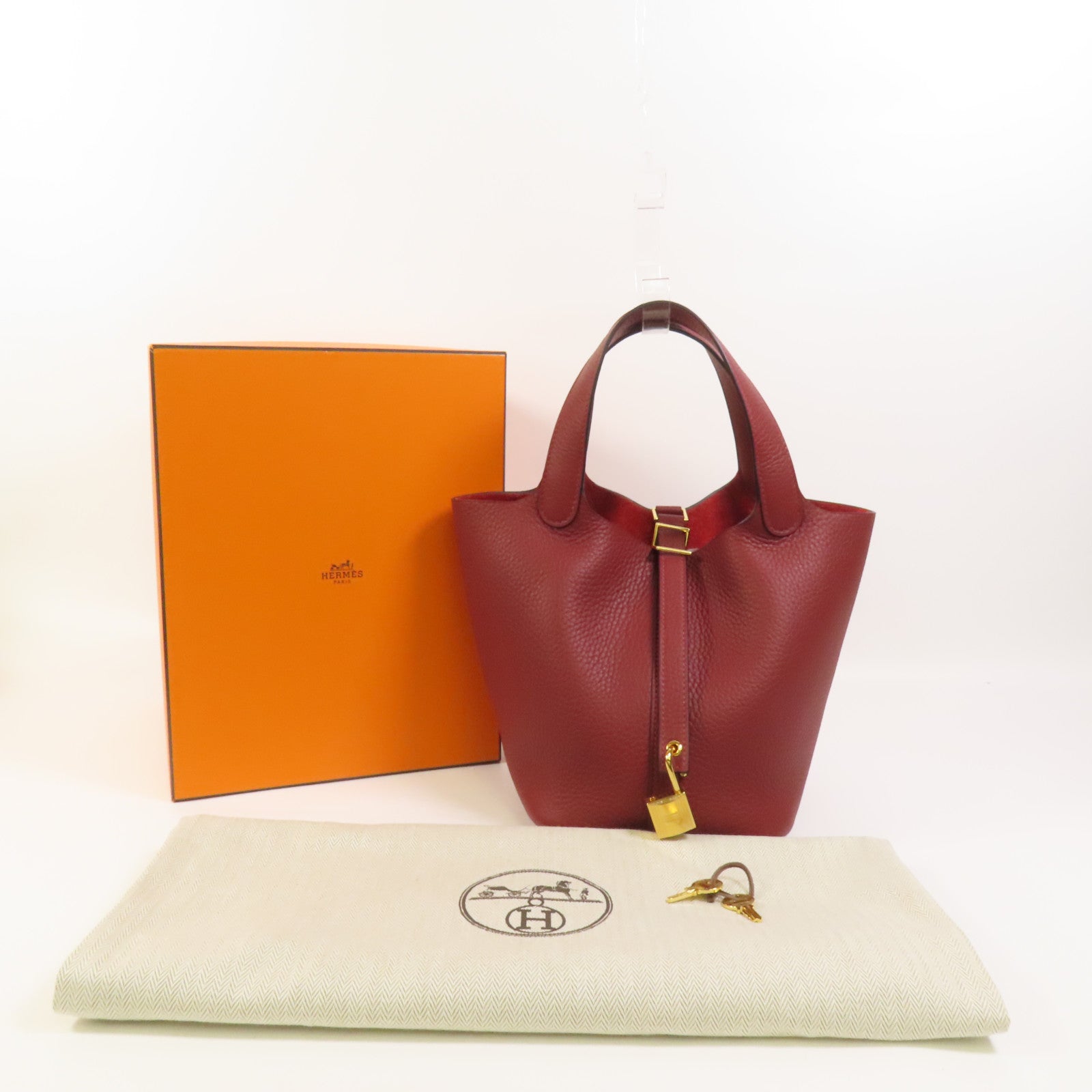 HERMES Clemence皮革Picotin PM金扣手挽袋Rouge H