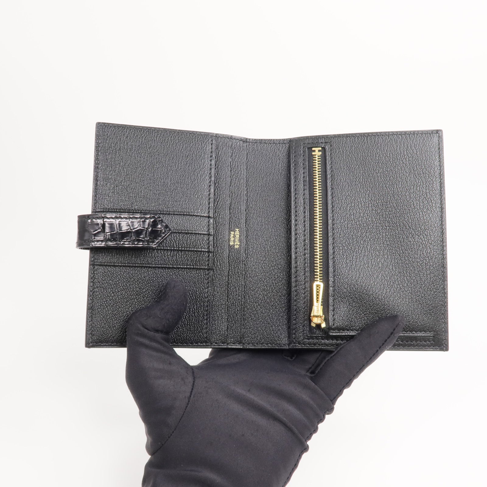 HERMES Alligator皮革/Chevre皮革Bearn Compact Wallet錢包Noir