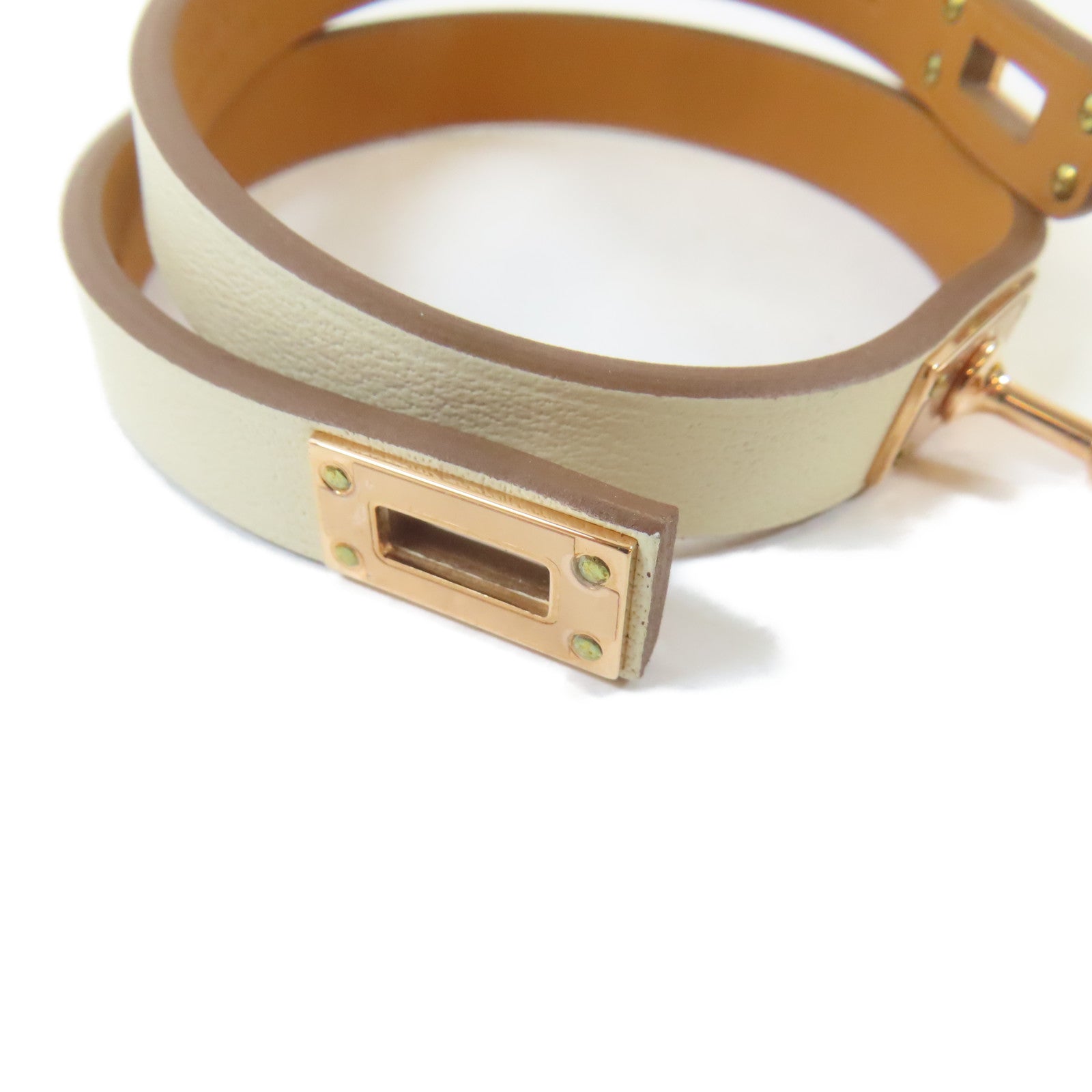 HERMES Swift皮革Kelly Double Tour Bracelet金扣手鐲Nata/米白色#15cm