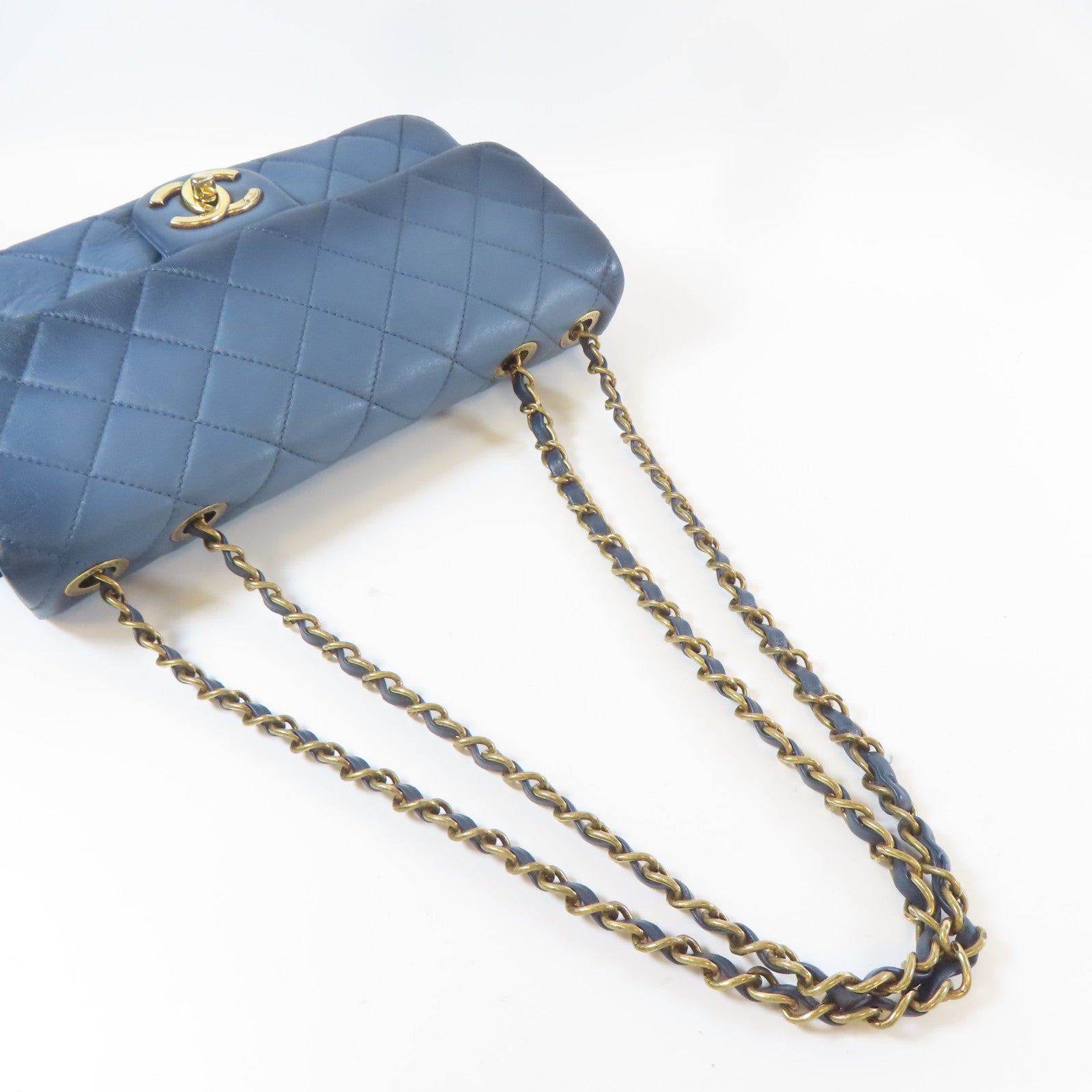 CHANEL 菱格牛皮皮革Shoulder Bag金扣鏈帶肩背袋藍色
