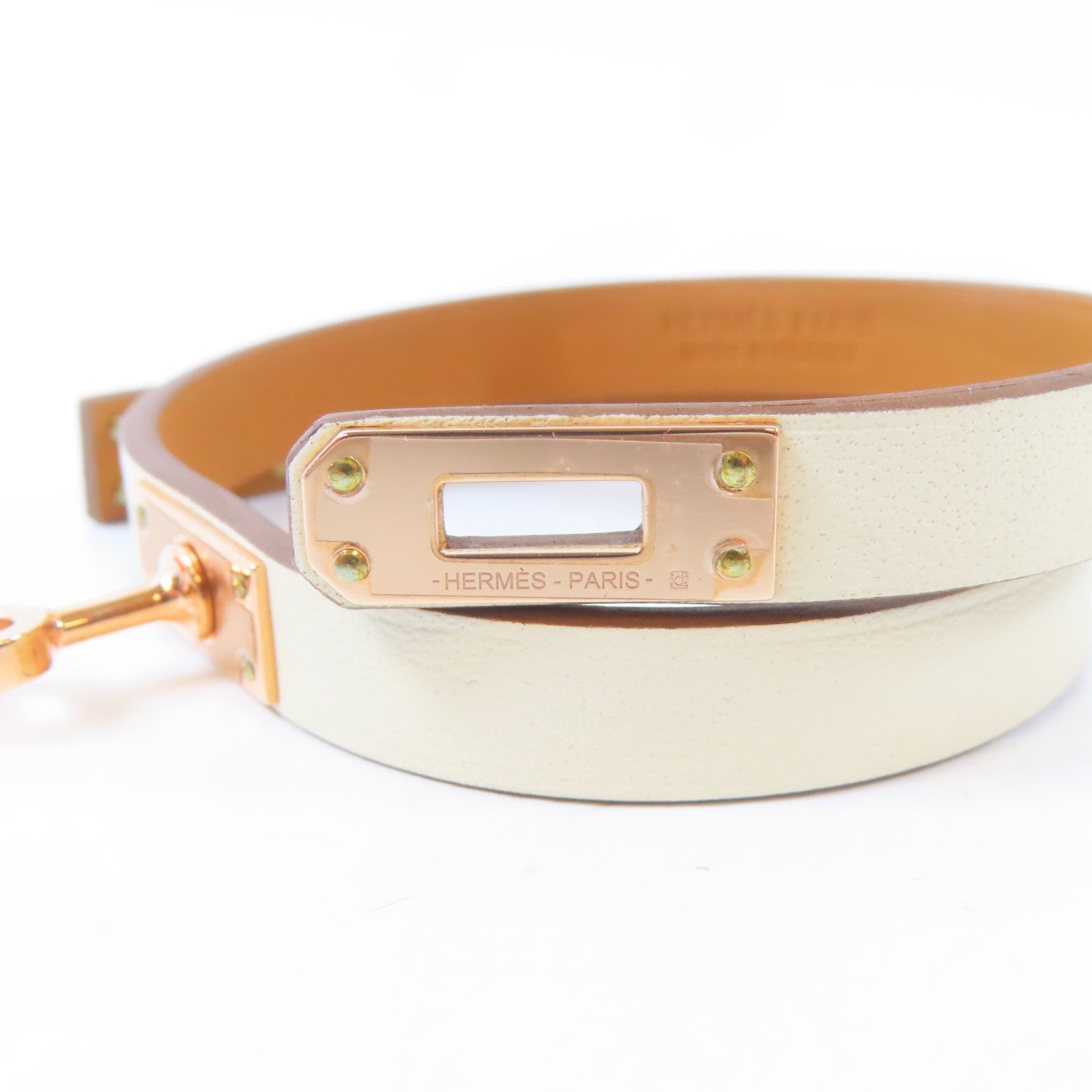 HERMES Swift皮革Kelly Double Tour Bracelet金扣手鐲Nata/米白色#15cm