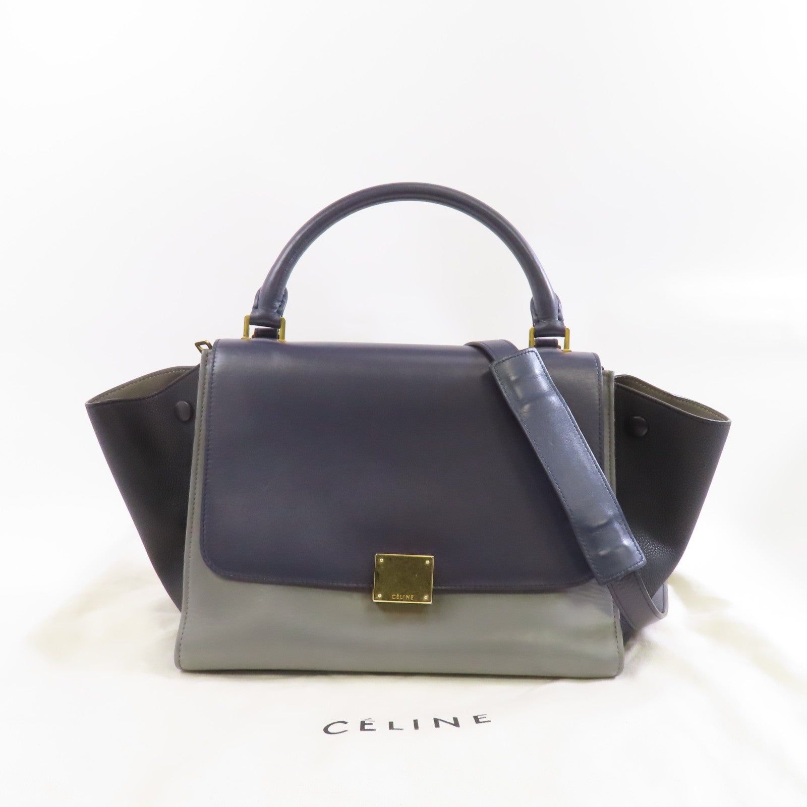 CELINE 牛皮皮革Trapeze金扣手挽肩背兩用袋藍色/黑色/灰色
