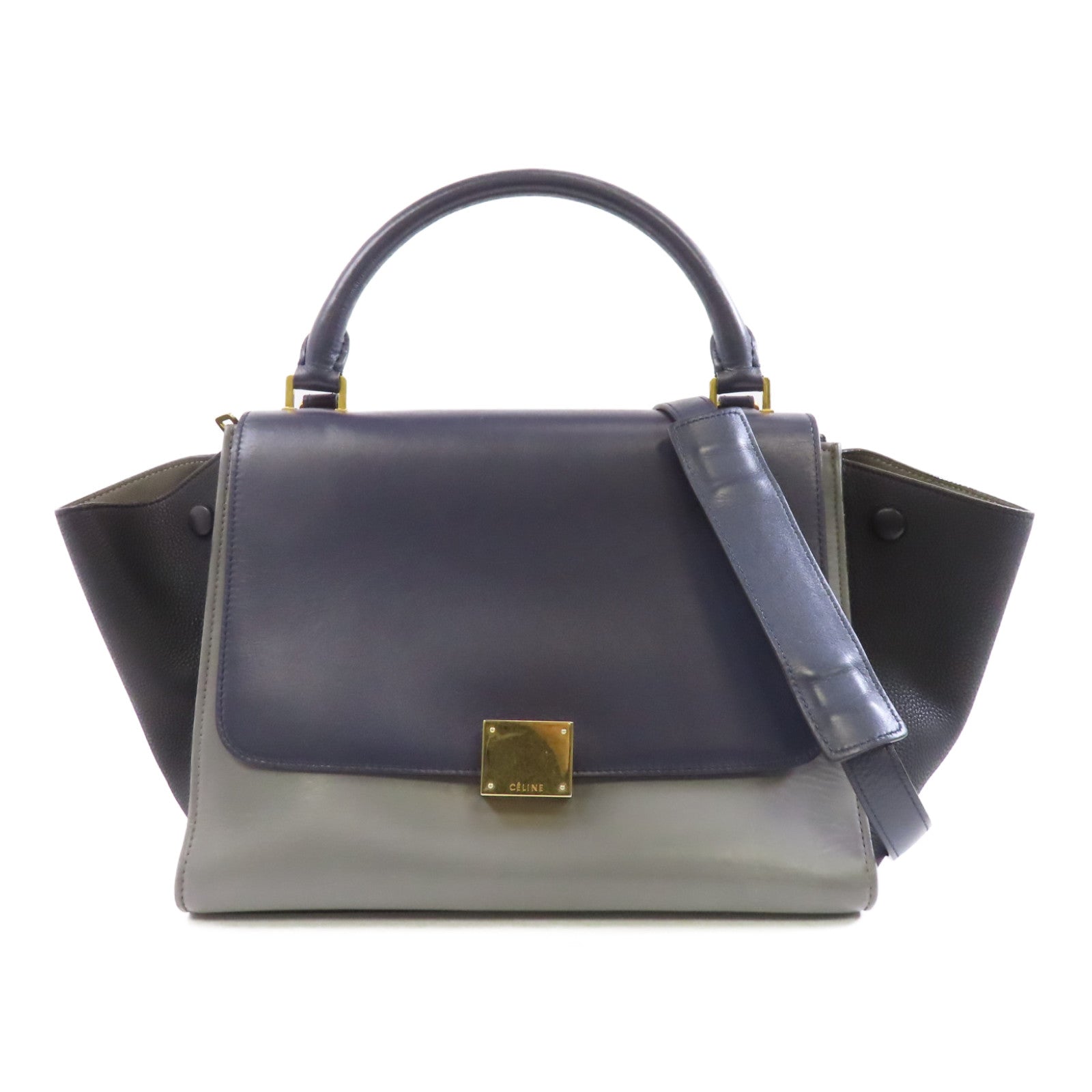 CELINE 牛皮皮革Trapeze金扣手挽肩背兩用袋藍色/黑色/灰色