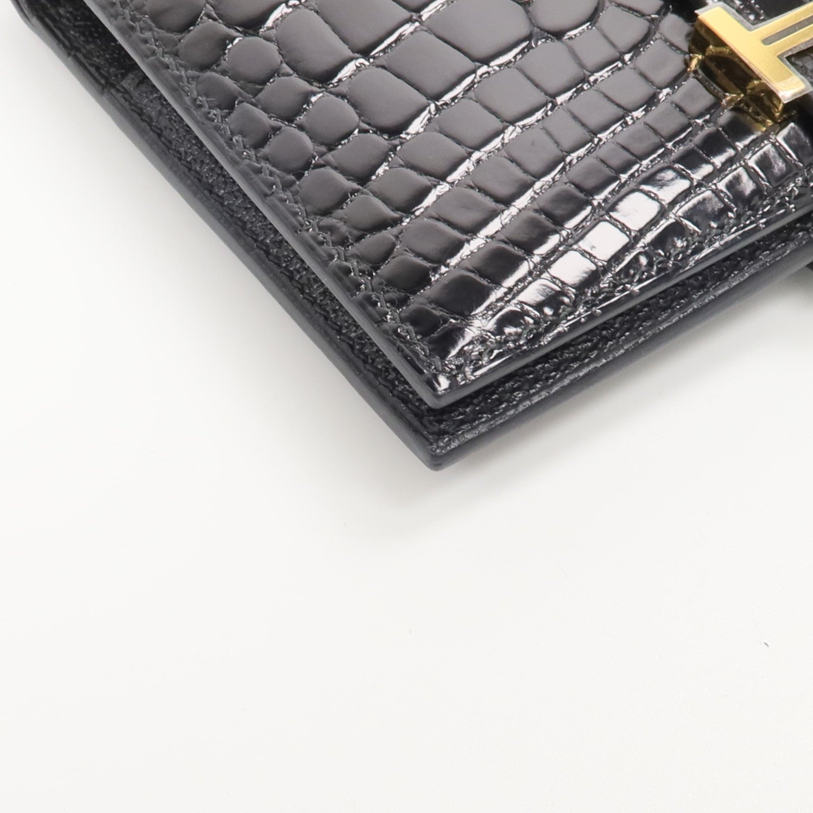 HERMES Alligator皮革/Chevre皮革Bearn Compact Wallet錢包Noir