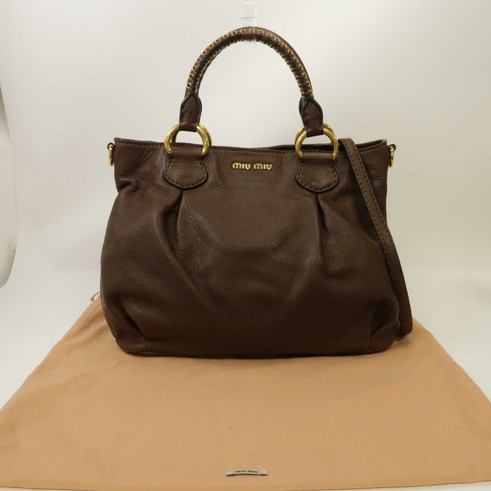 Miu Miu 牛皮皮革2way Shoulder Bag金扣手挽肩背兩用袋啡色