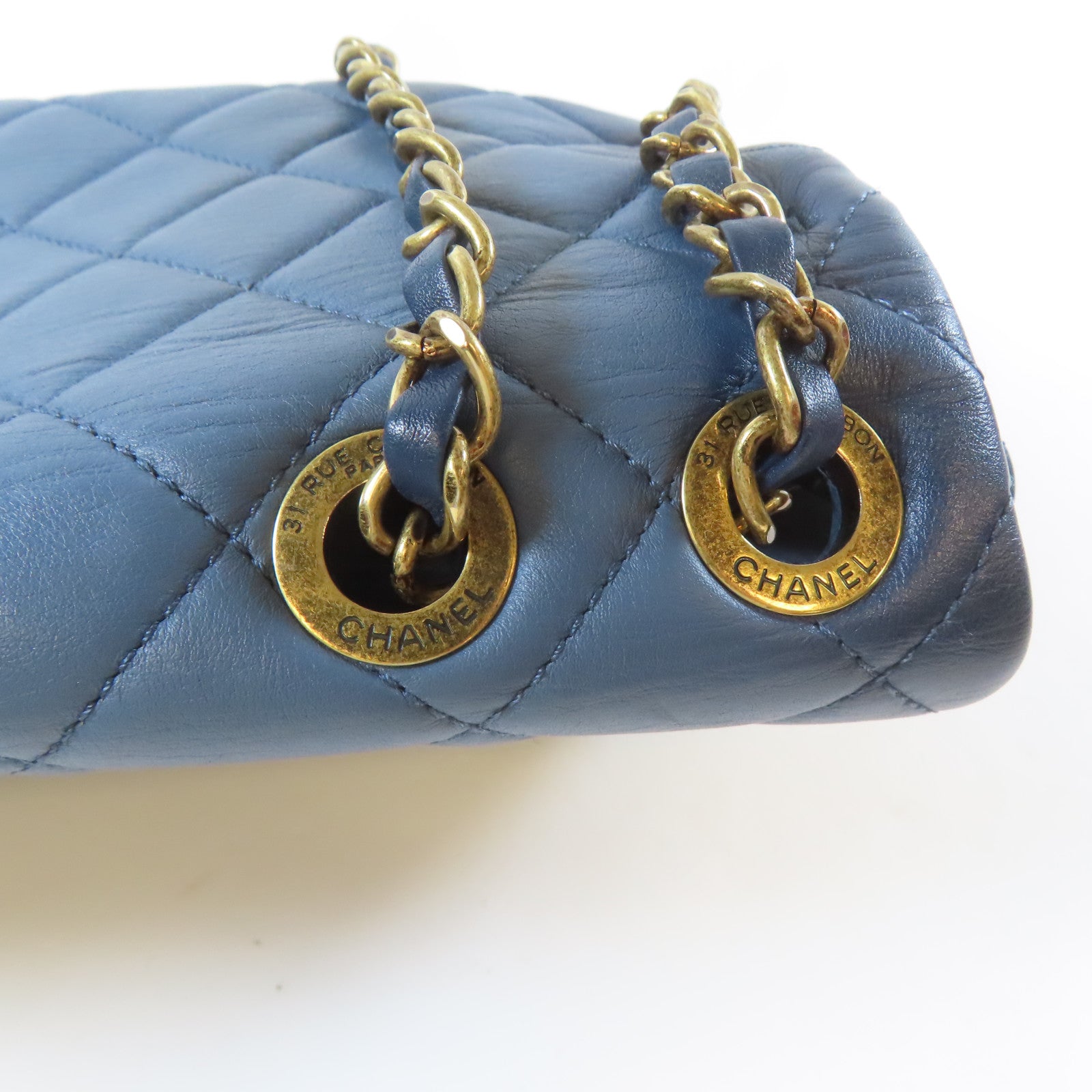 CHANEL 菱格牛皮皮革Shoulder Bag金扣鏈帶肩背袋藍色