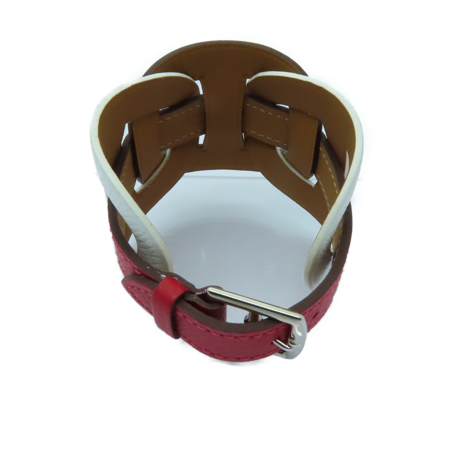HERMES 【激減優惠】Epsom皮革Bracelet銀扣手鐲白色/紅色