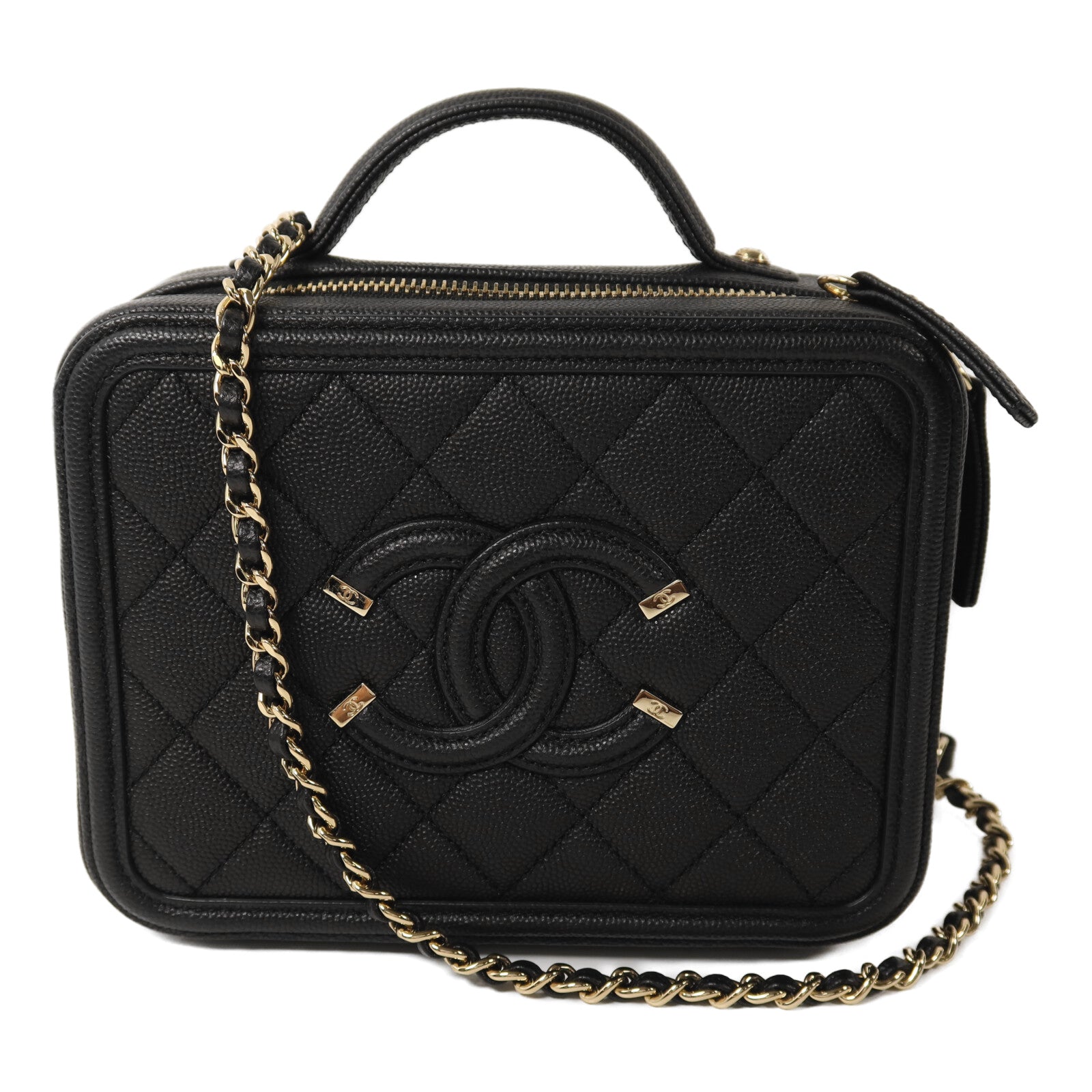 CHANEL 牛皮皮革Vanity Case Small金扣鏈帶手挽肩背兩用袋