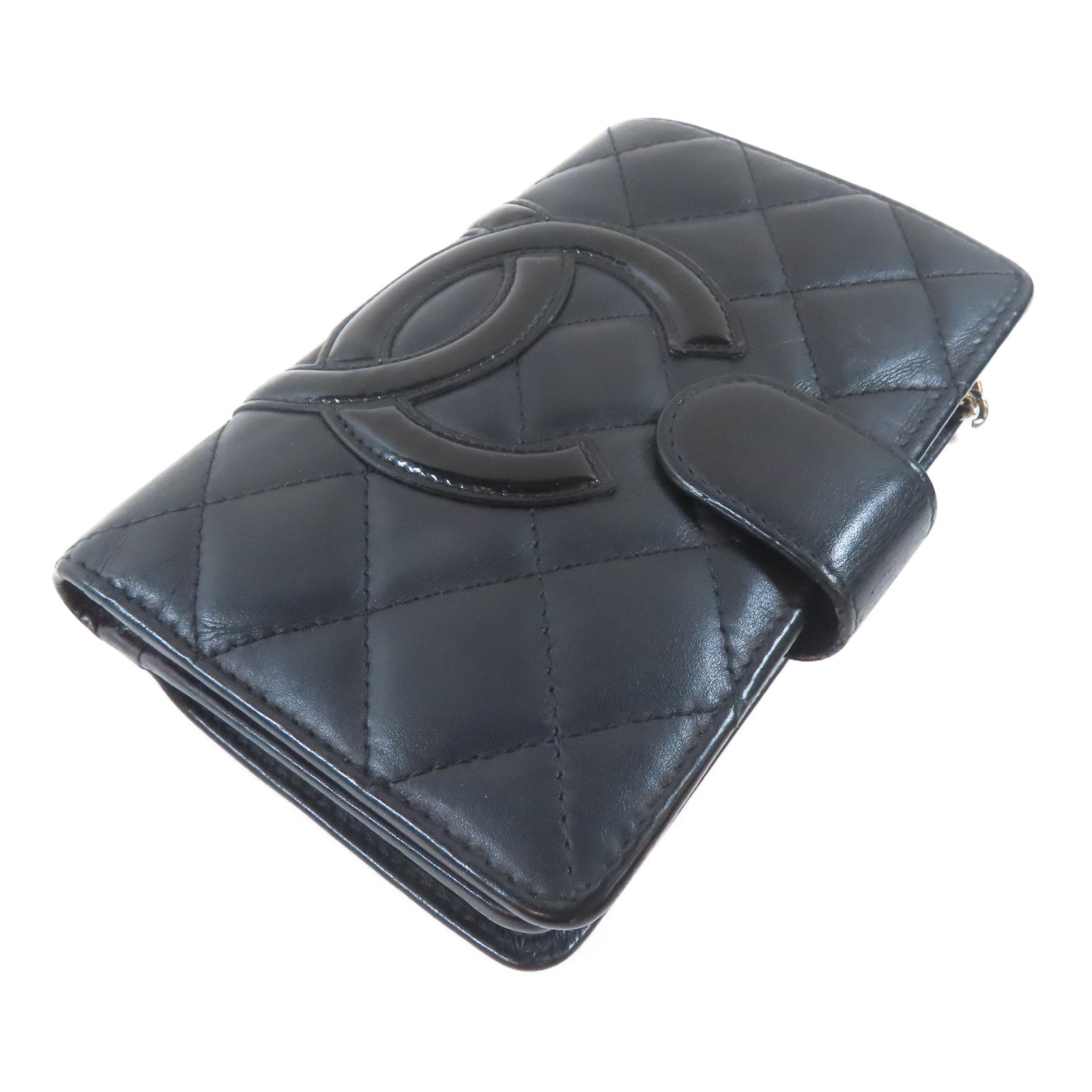 CHANEL 菱格牛皮皮革Cambon Bifold Wallet銀扣錢包黑色