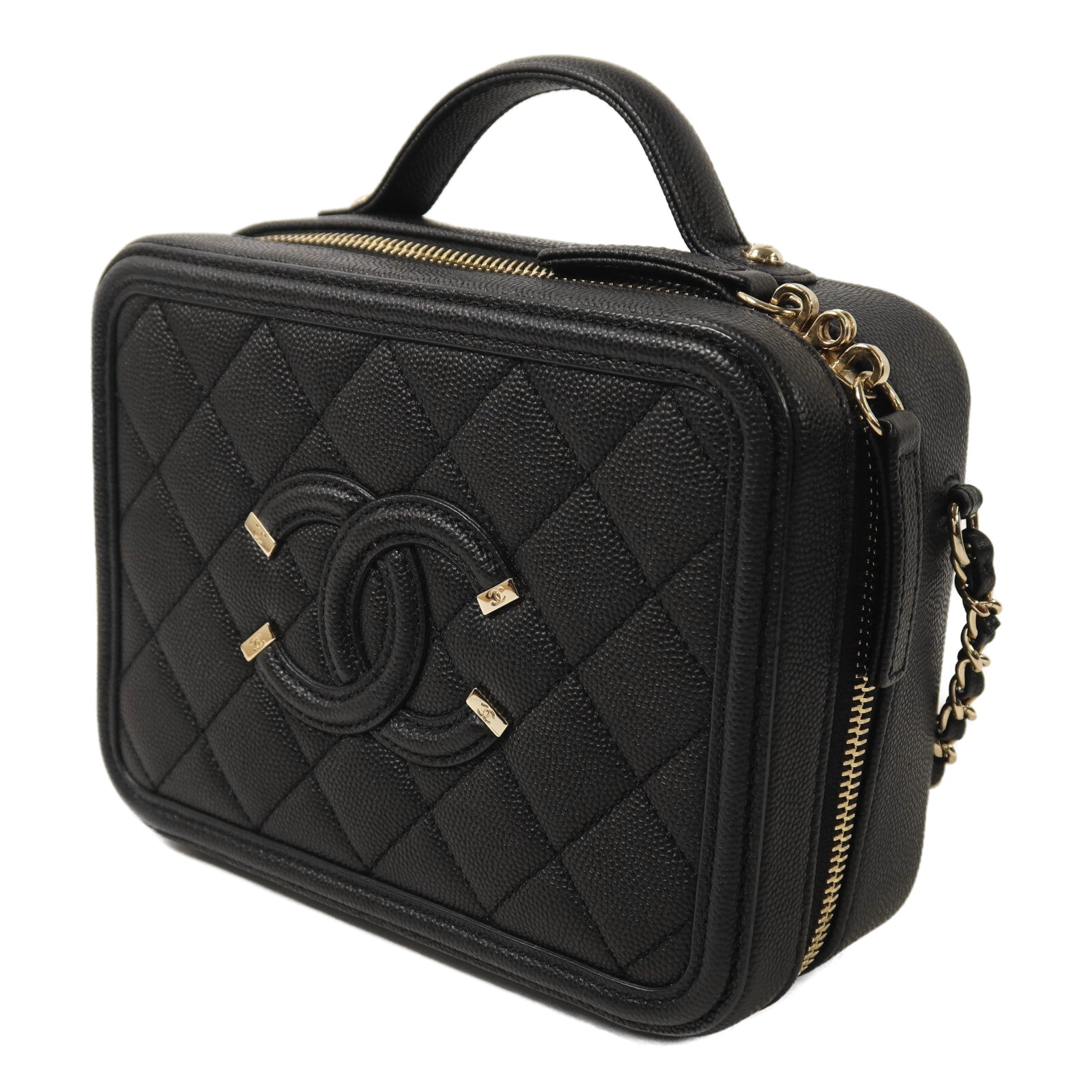 CHANEL 牛皮皮革Vanity Case Small金扣鏈帶手挽肩背兩用袋