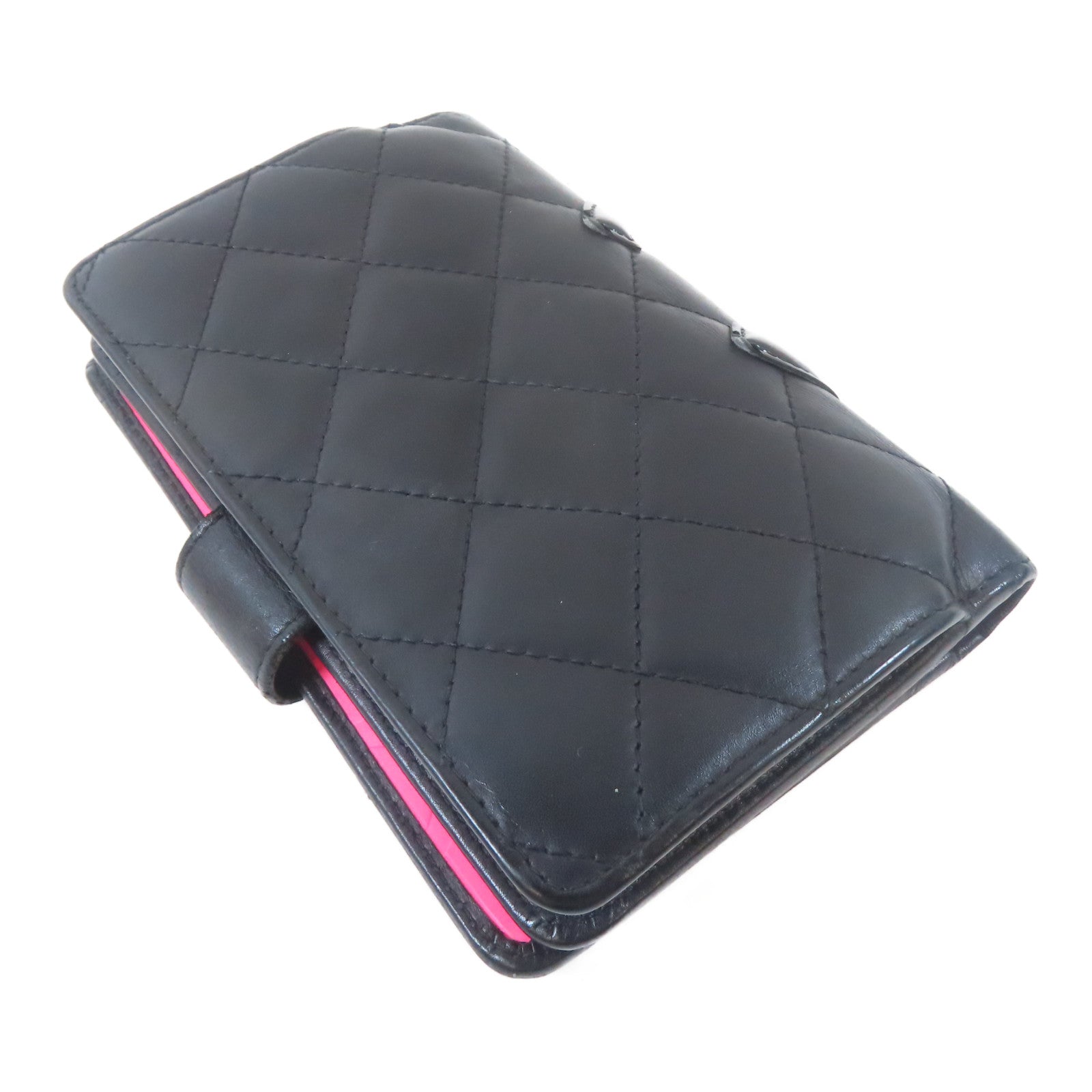 CHANEL 菱格牛皮皮革Cambon Bifold Wallet銀扣錢包黑色