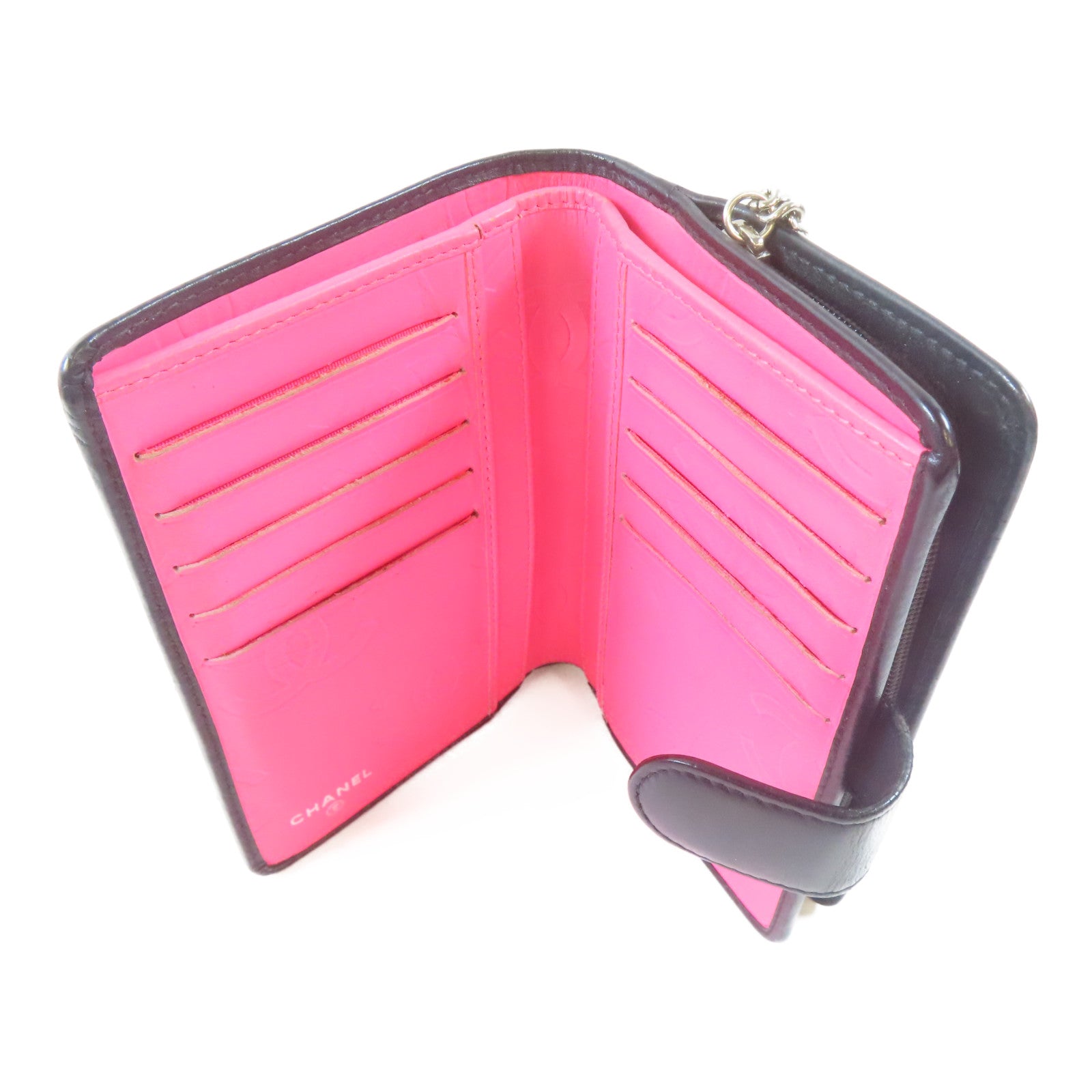 CHANEL 菱格牛皮皮革Cambon Bifold Wallet銀扣錢包黑色