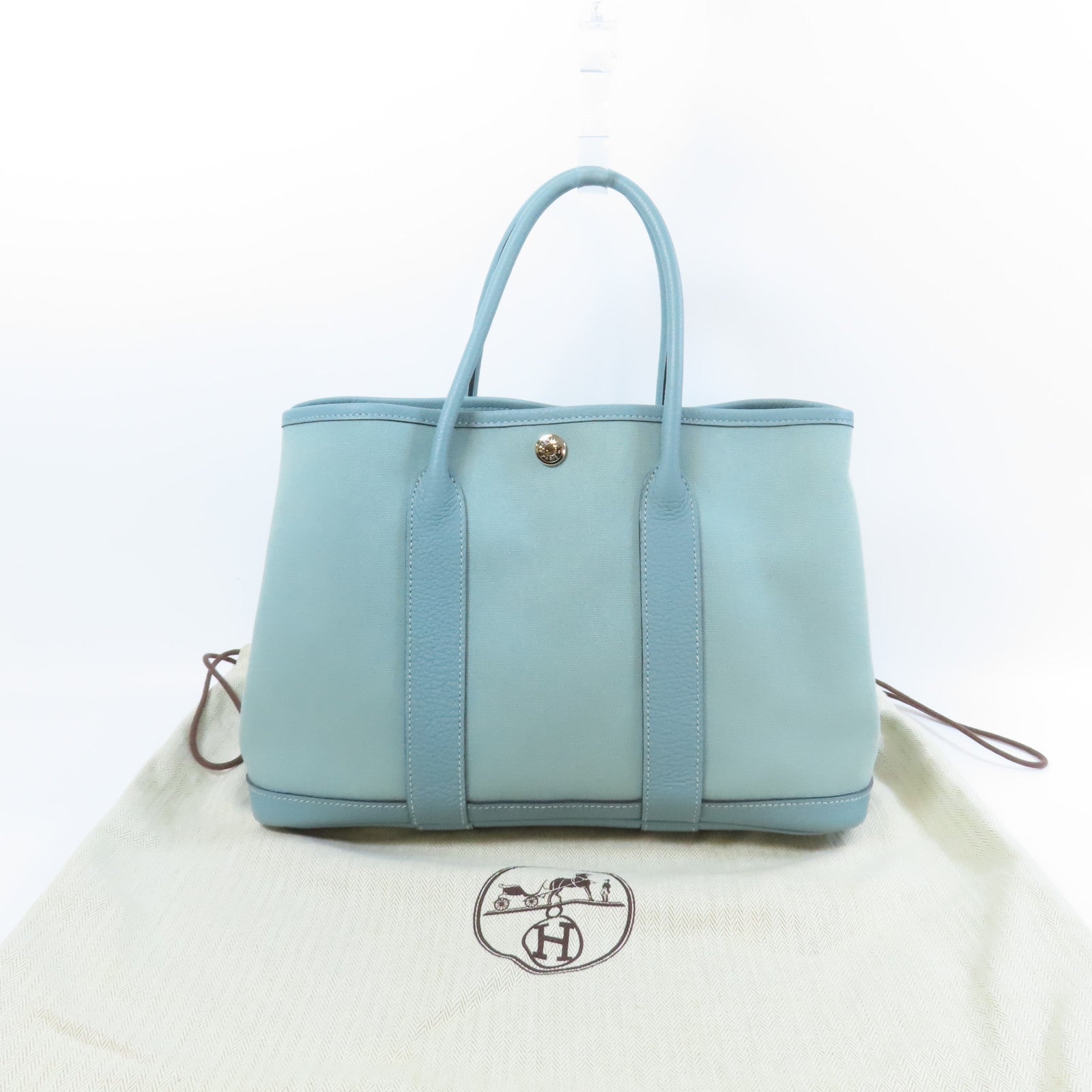 HERMES 【激減優惠】帆布Garden Party TPM銀扣手挽袋Ciel天空藍色