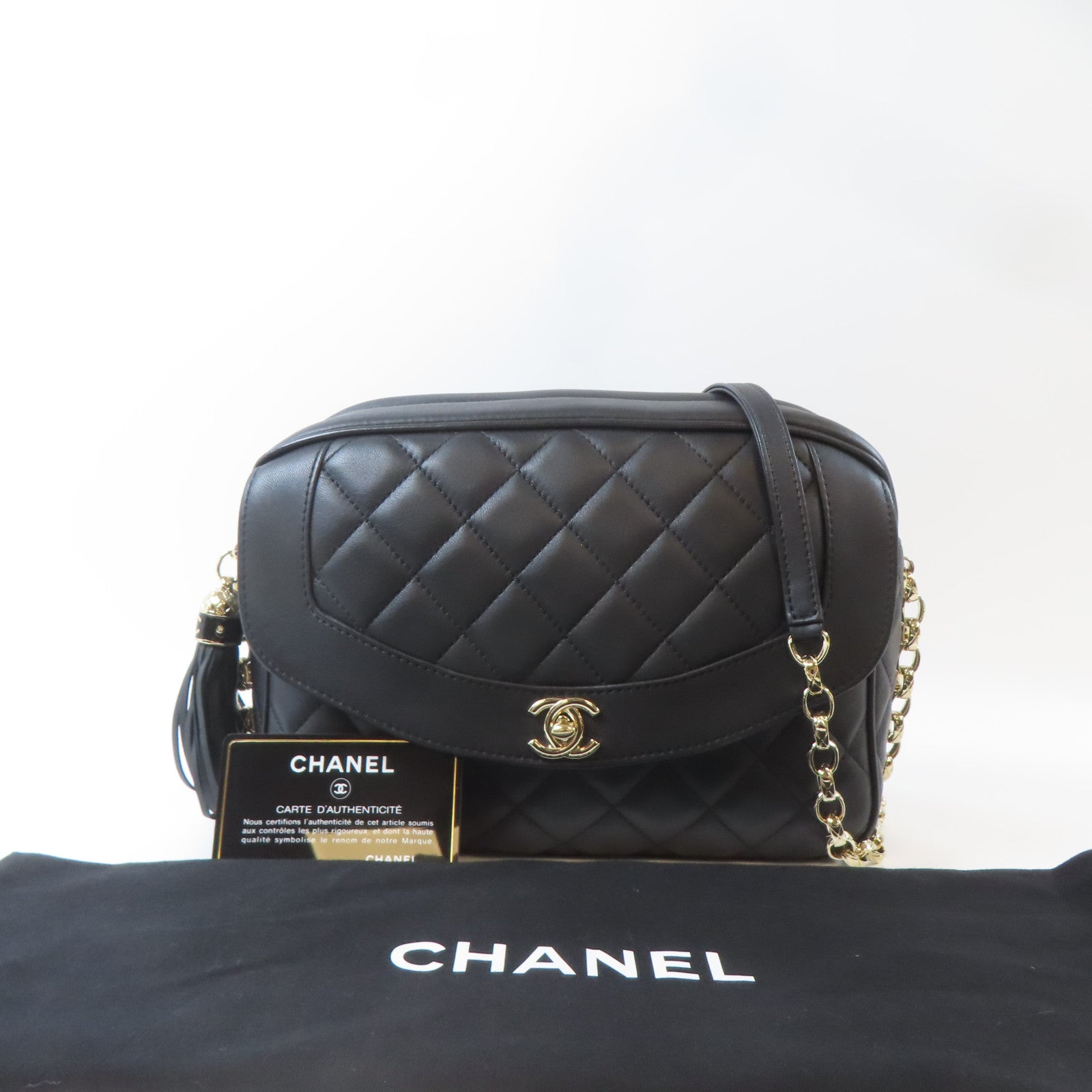 CHANEL 菱格羊皮皮革Chain Shoulder Bag金扣鏈帶肩背袋黑色