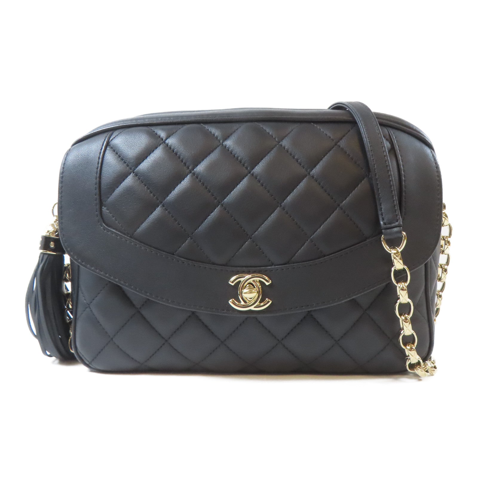 CHANEL 菱格羊皮皮革Chain Shoulder Bag金扣鏈帶肩背袋黑色
