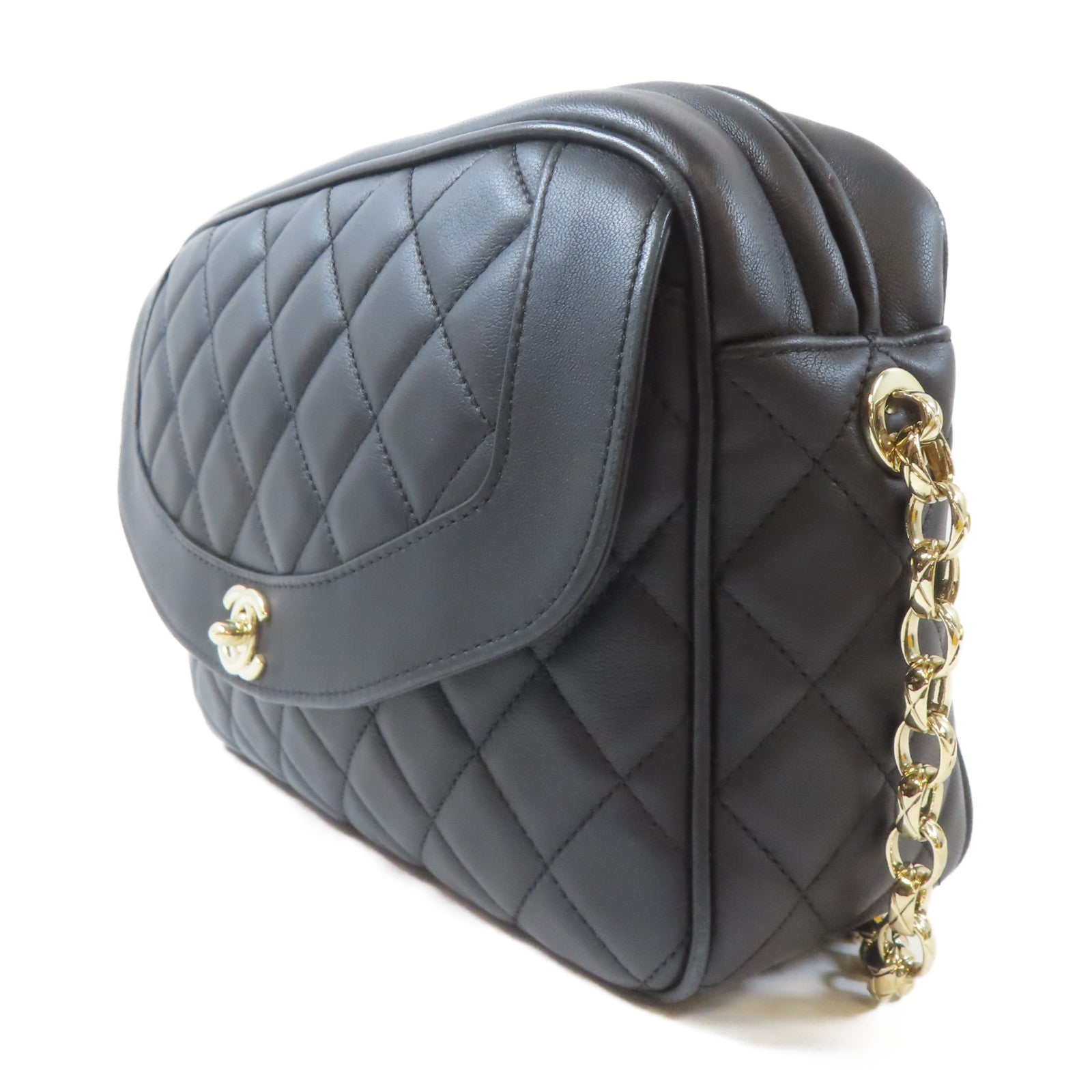 CHANEL 菱格羊皮皮革Chain Shoulder Bag金扣鏈帶肩背袋黑色