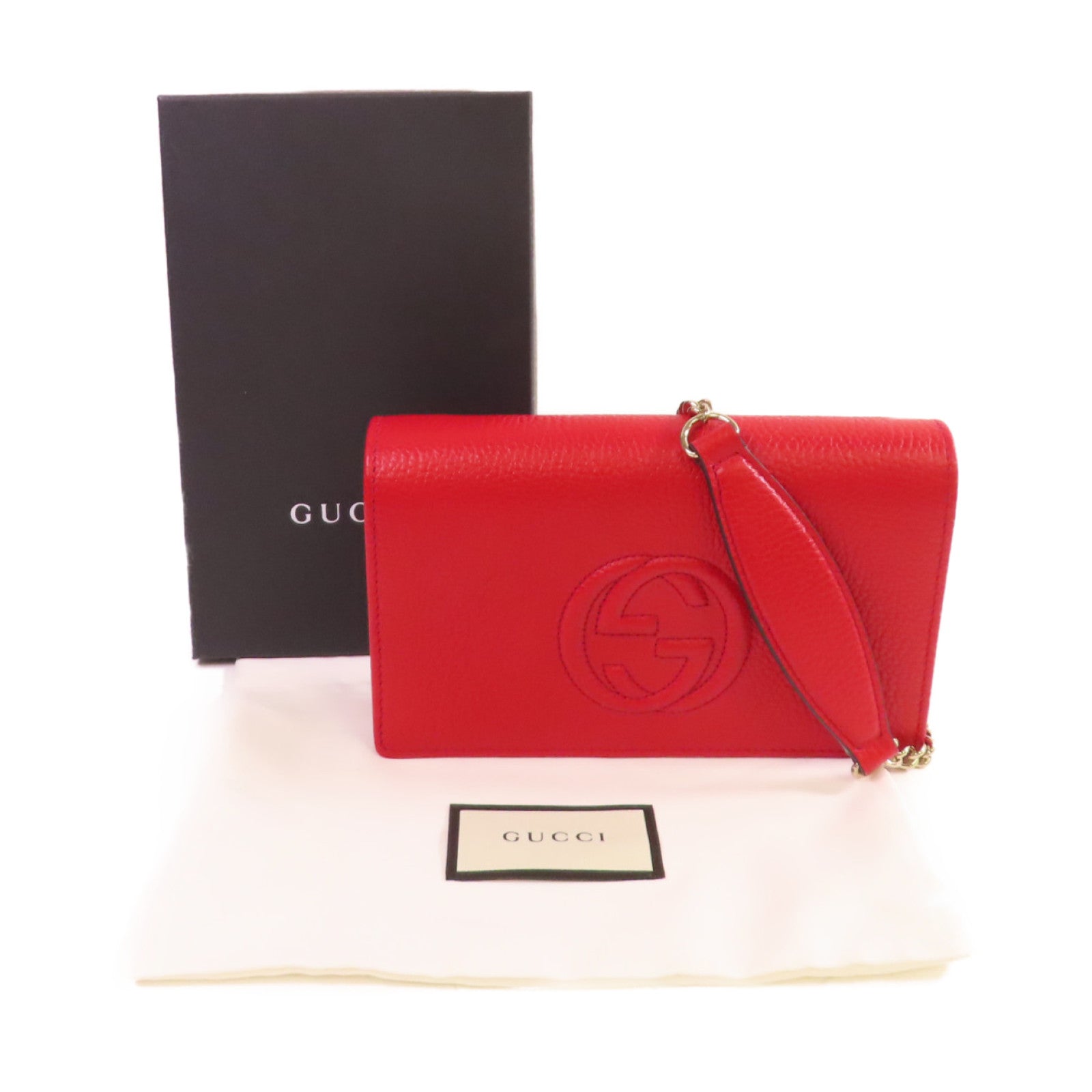 GUCCI 牛皮皮革Soho Chain Wallet金扣鏈帶肩背袋紅色